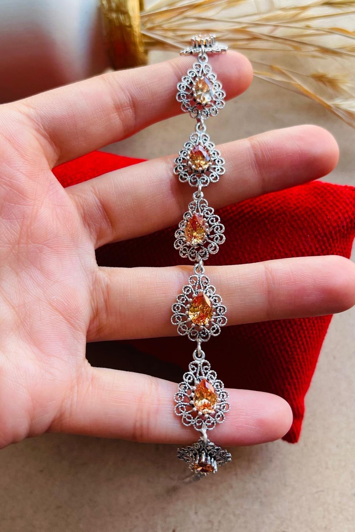Sterling Silver Filigree Art Citrine Gemstone Link Bracelet