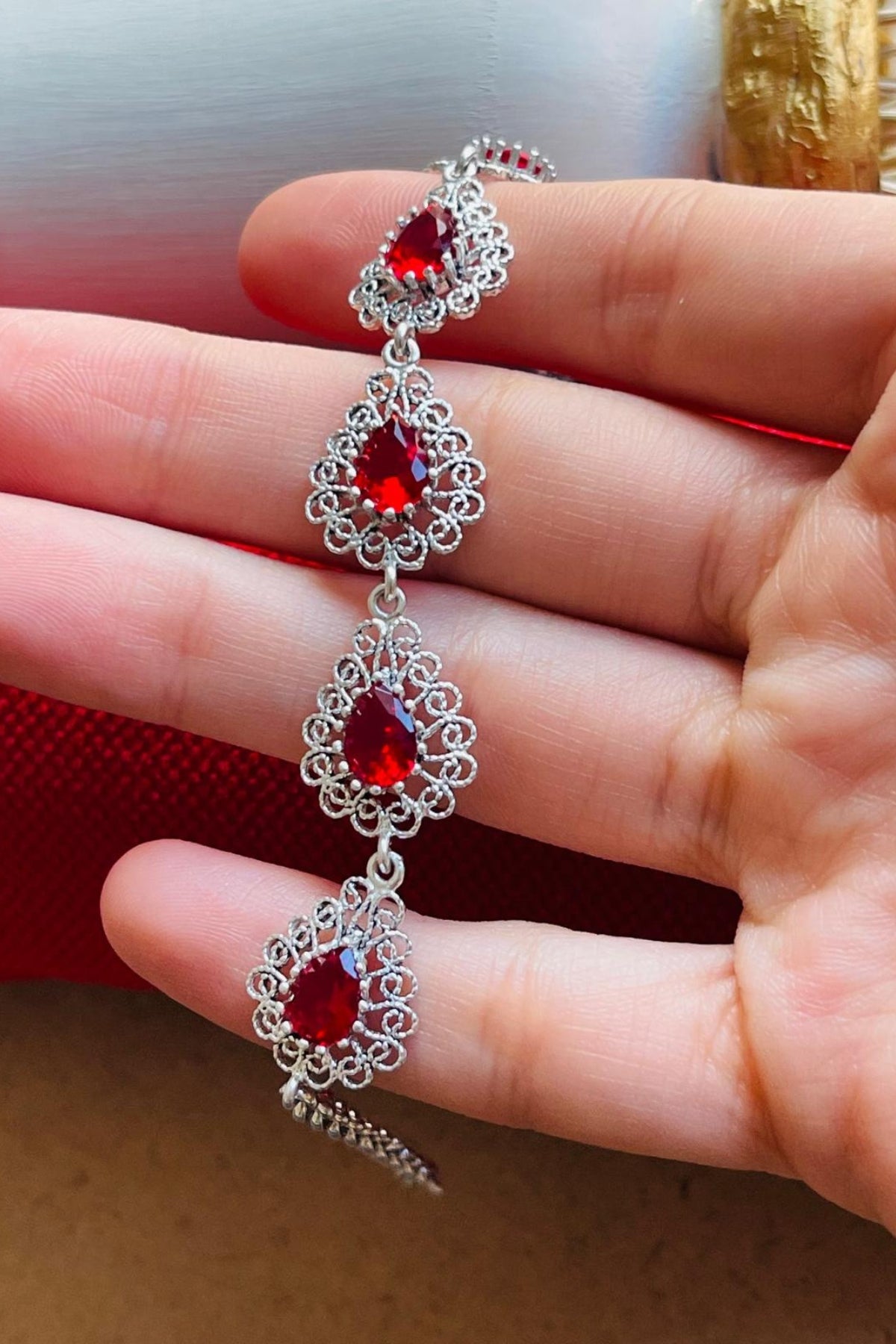 Sterling Silver Filigree Art Ruby Gemstone Link Bracelet