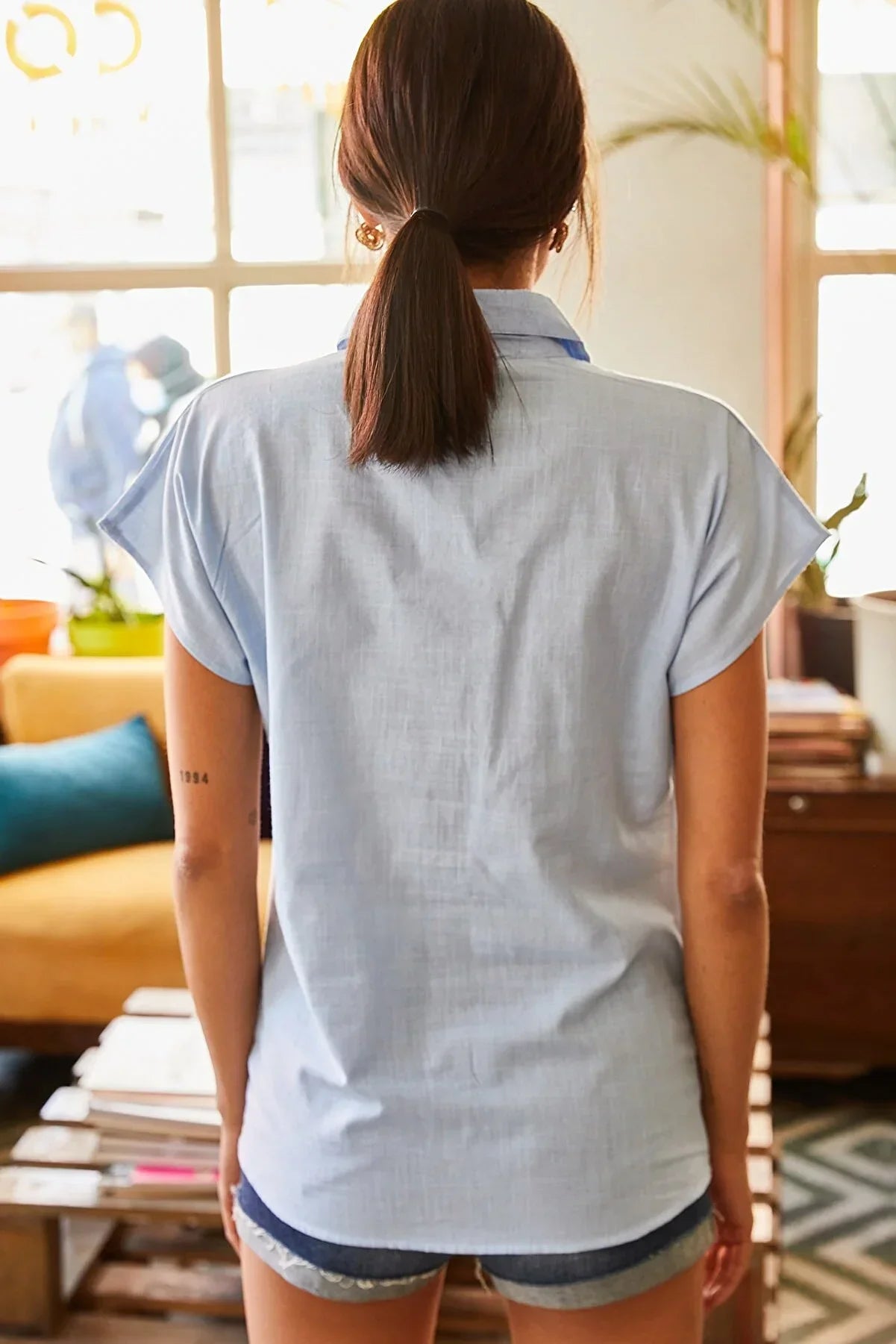 Adele Classic Linen Blend Button Down Short Sleeve Shirt