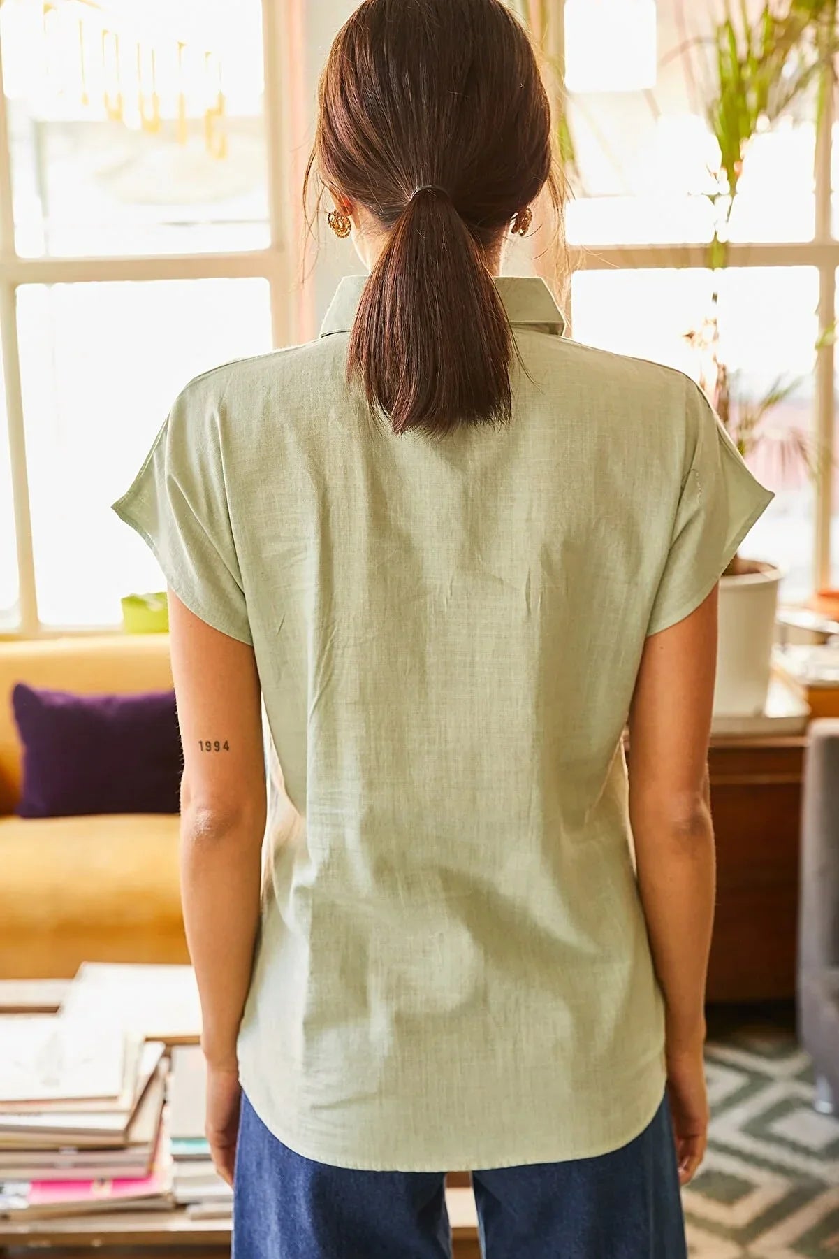 Adele Soft Green Linen Blend Short Sleeve Button-Down Shirt