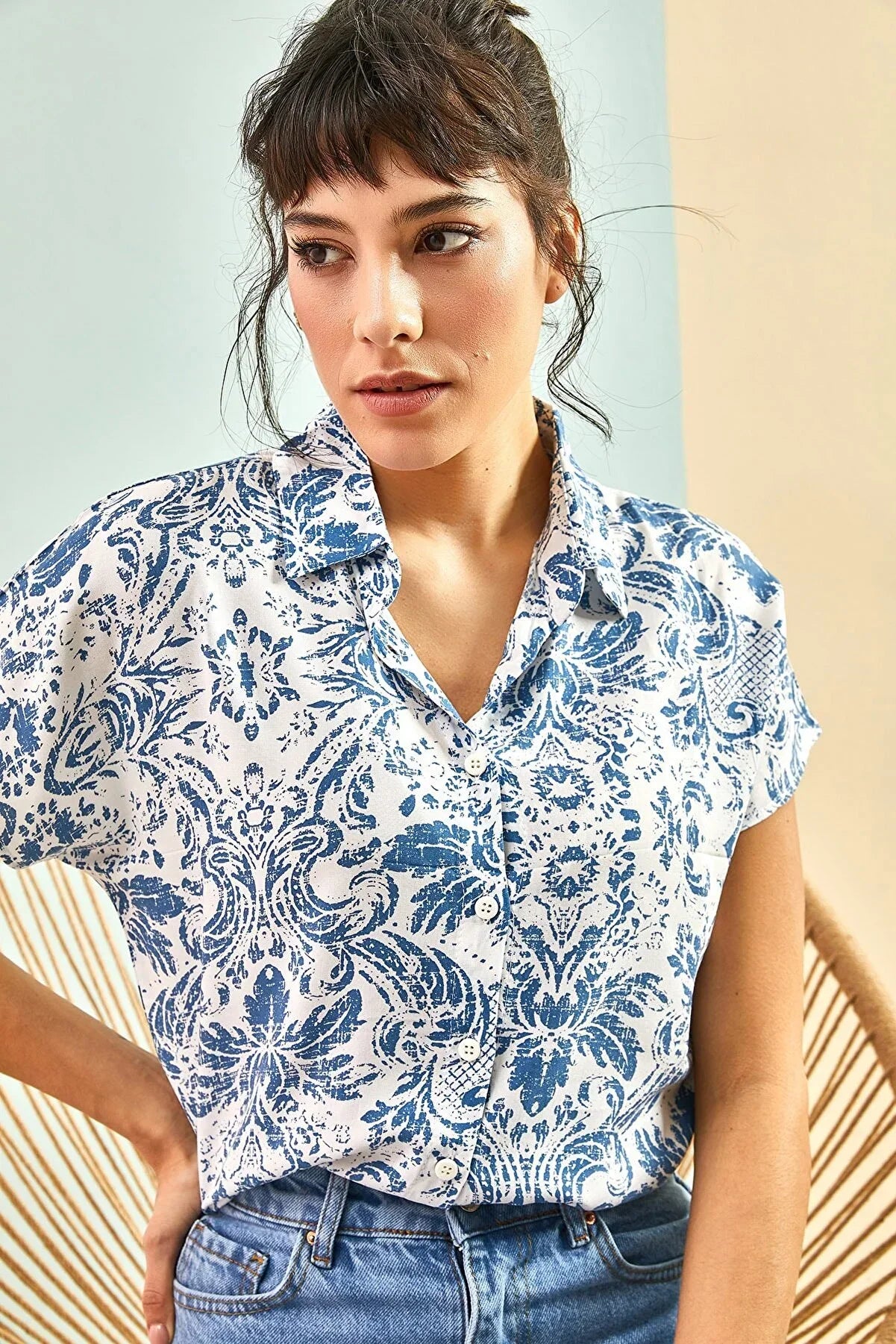 Beverly Blue Floral Short Sleeve Button-Down Shirt