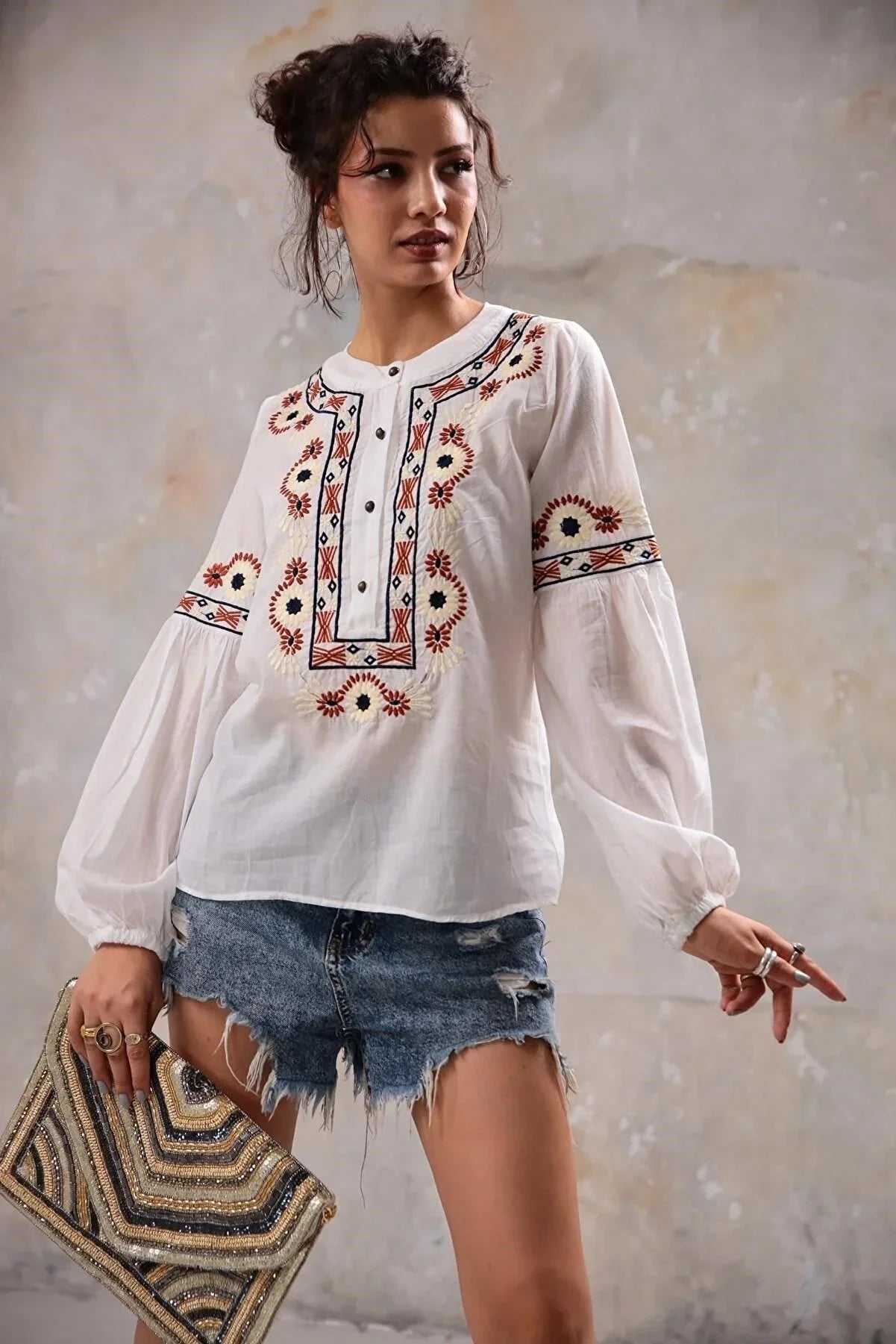 Ethnic Rustic Embroidered Cotton Blouse