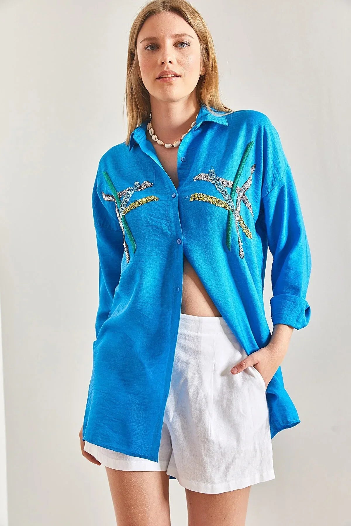 Cotton Beige Designer Sequin Blouse