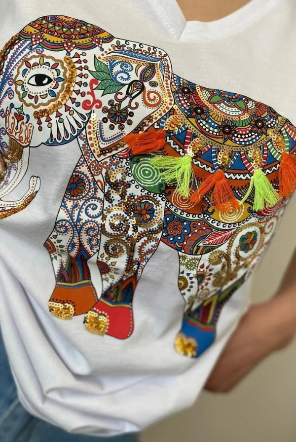 Tilda Elephant Floral Sequin Cotton T-Shirt - White