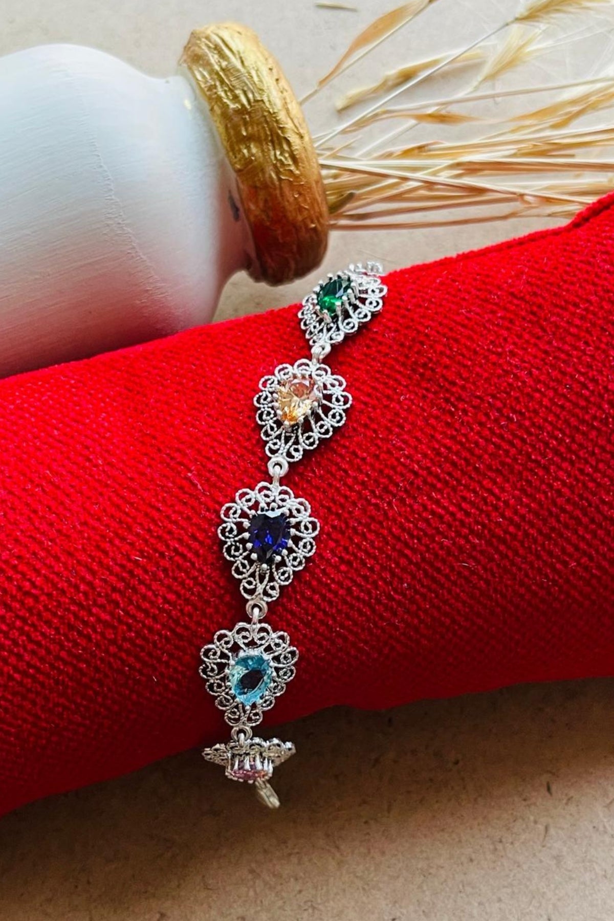 Sterling Silver Filigree Art Colorful Gemstone Link Bracelet