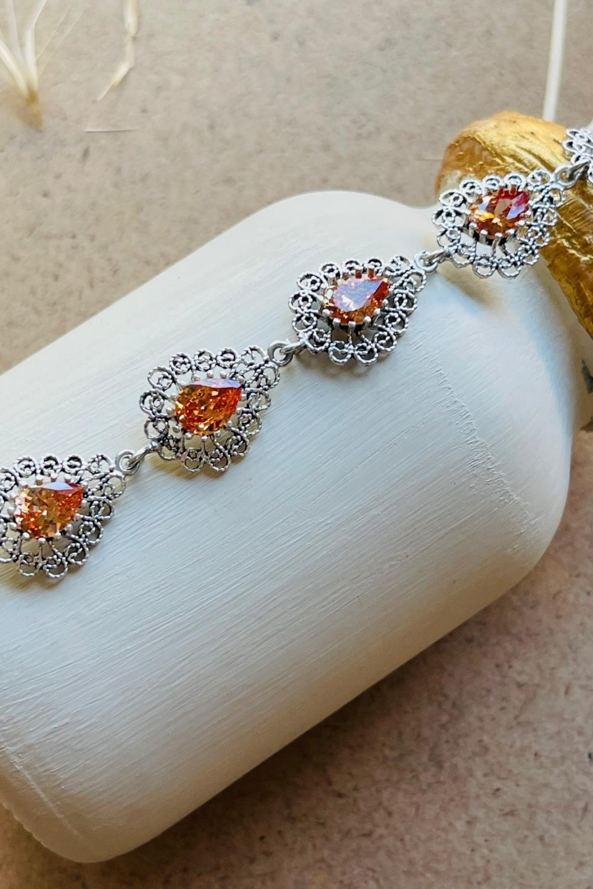 Sterling Silver Filigree Art Citrine Gemstone Link Bracelet