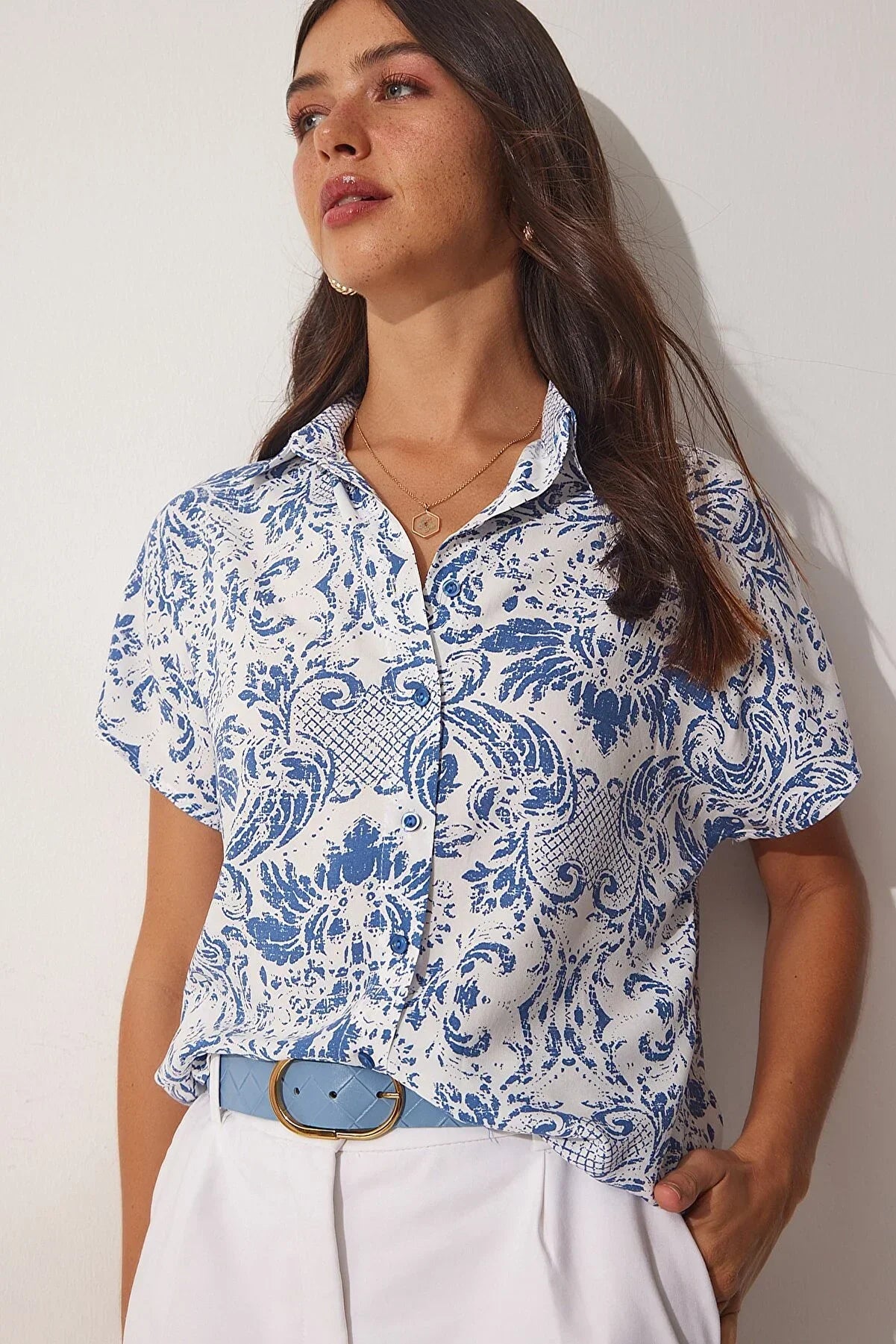 Beverly Blue Floral Short Sleeve Button-Down Shirt