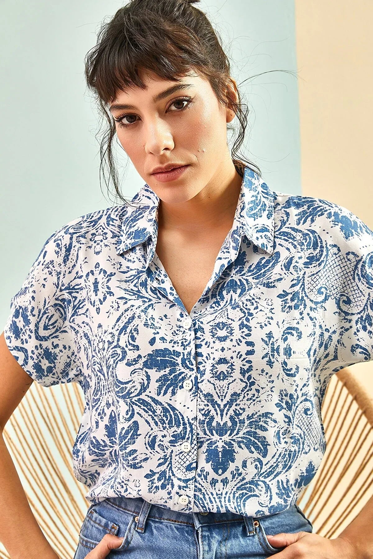 Beverly Blue Floral Short Sleeve Button-Down Shirt