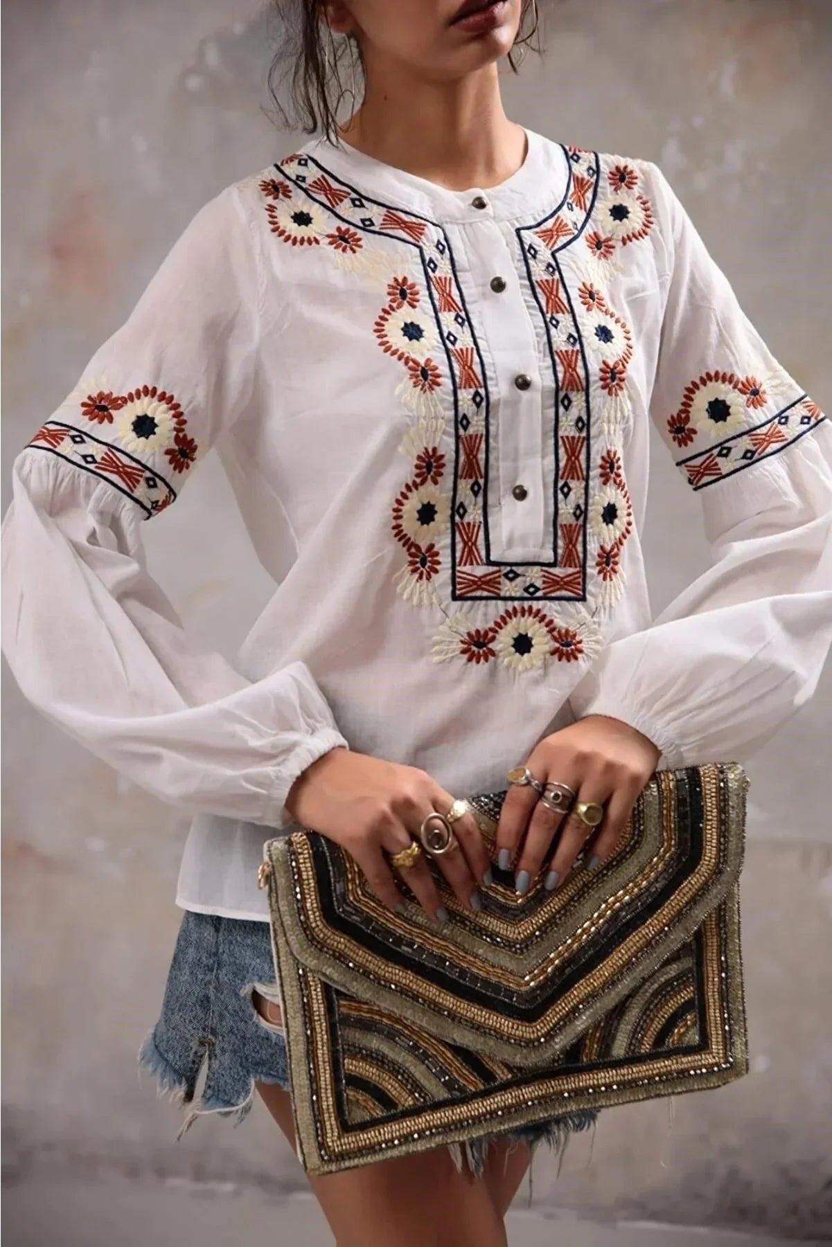 Ethnic Rustic Embroidered Cotton Blouse