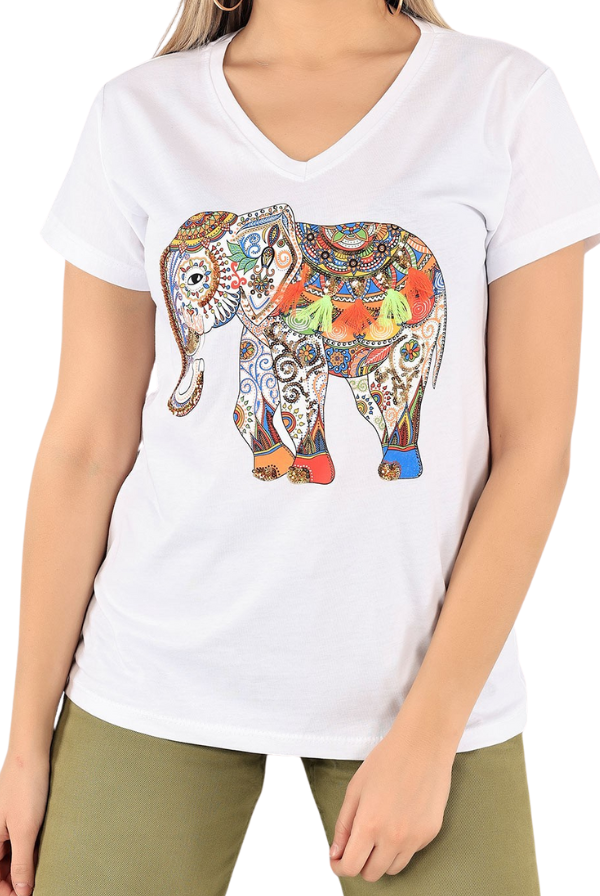 Tilda Elephant Floral Sequin Cotton T-Shirt - White