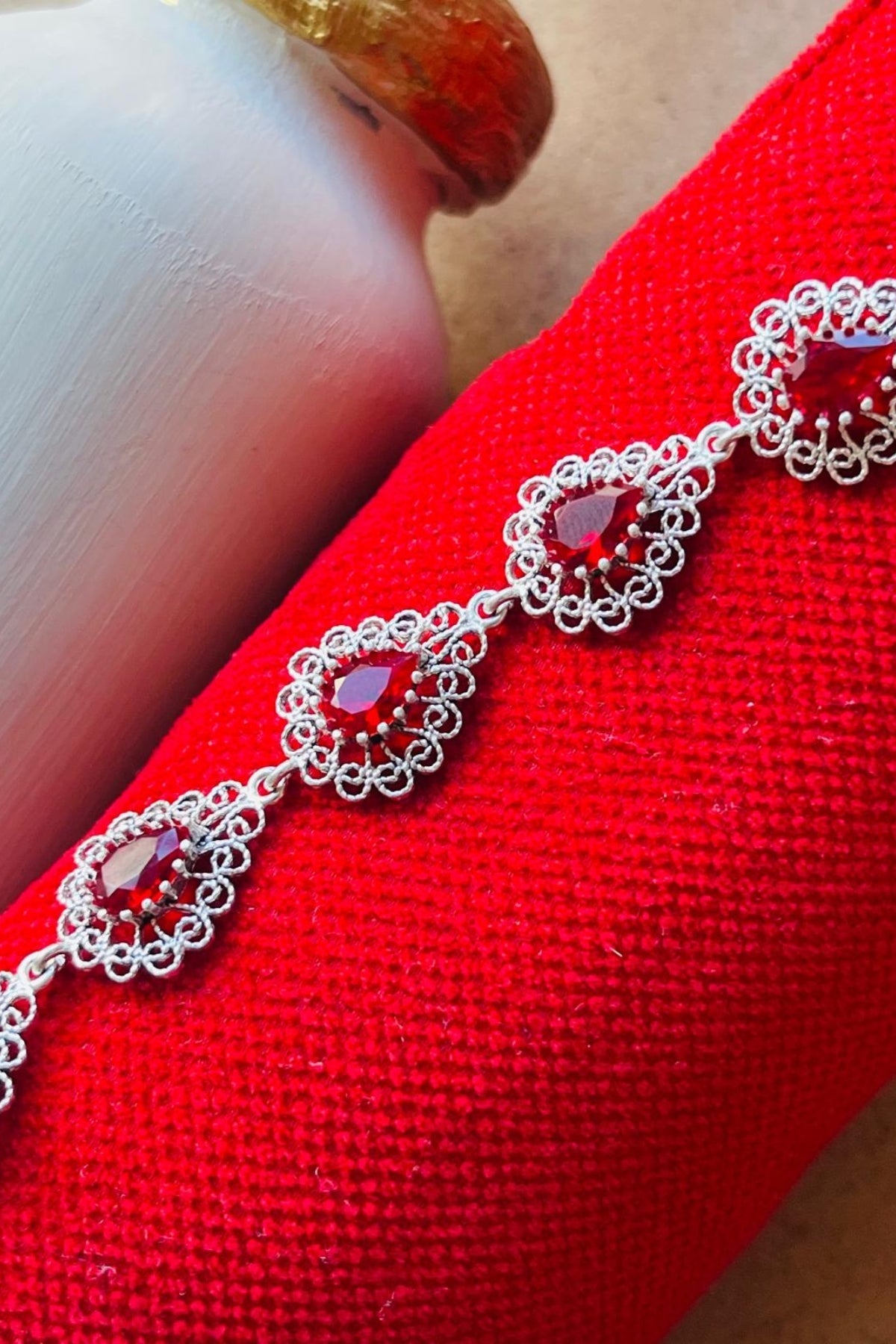 Sterling Silver Filigree Art Ruby Gemstone Link Bracelet