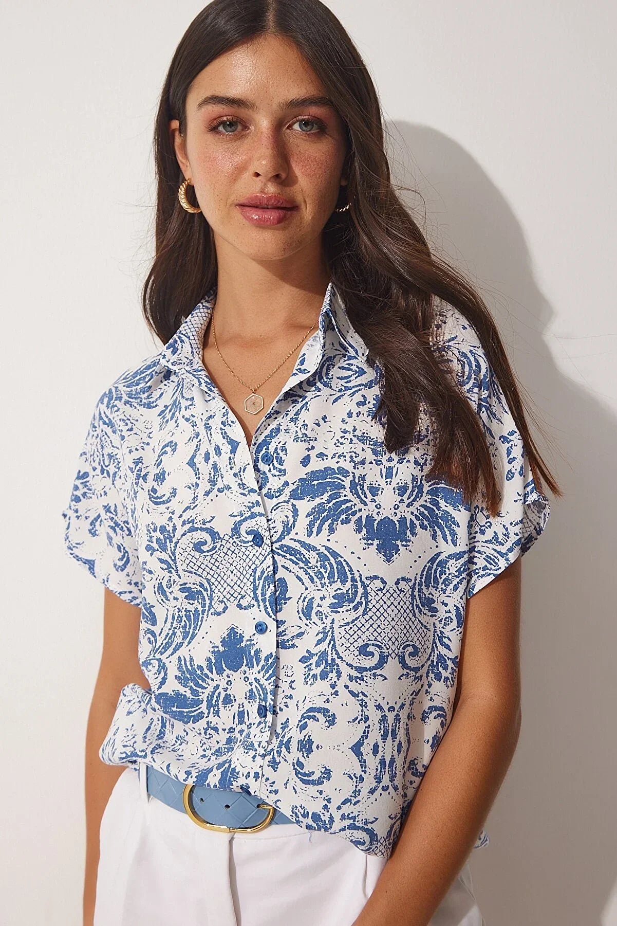 Beverly Blue Floral Short Sleeve Button-Down Shirt