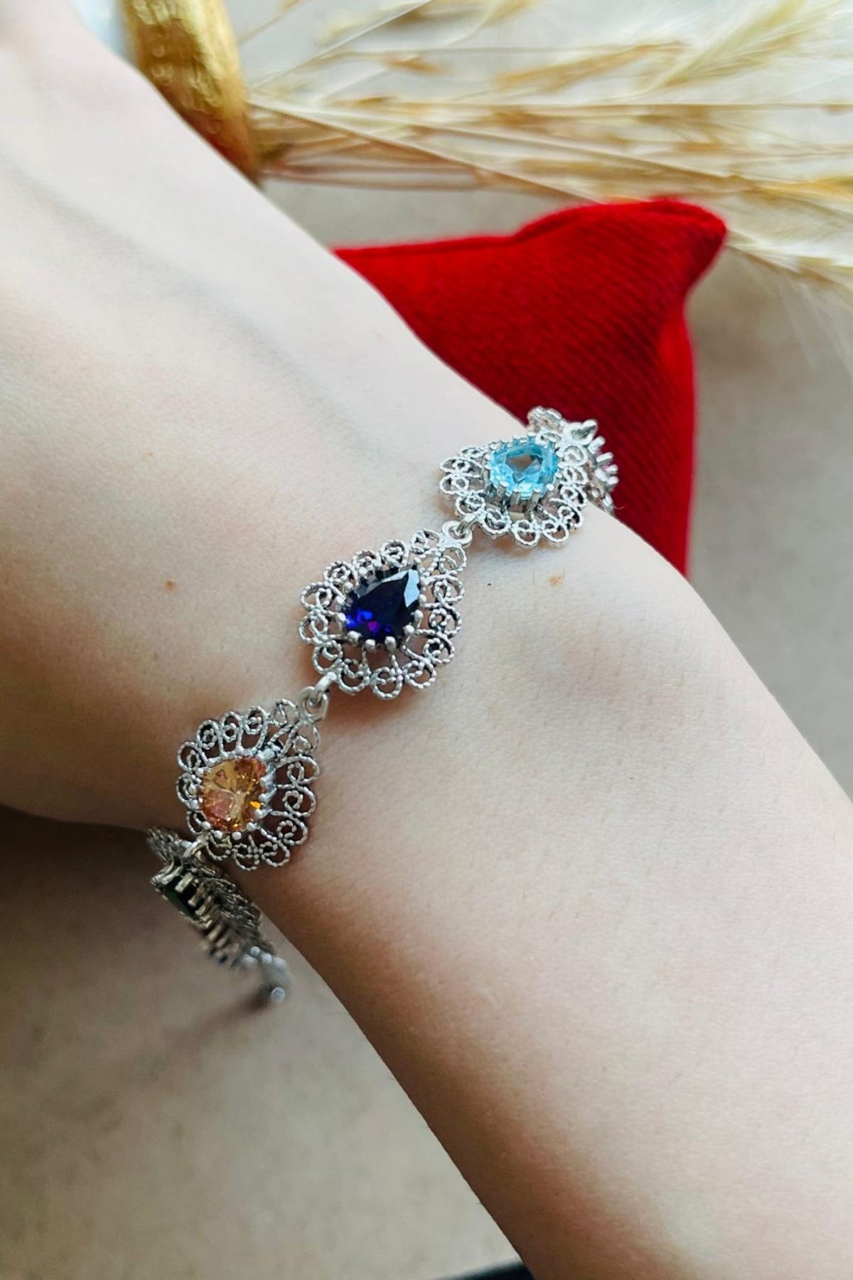 Sterling Silver Filigree Art Colorful Gemstone Link Bracelet