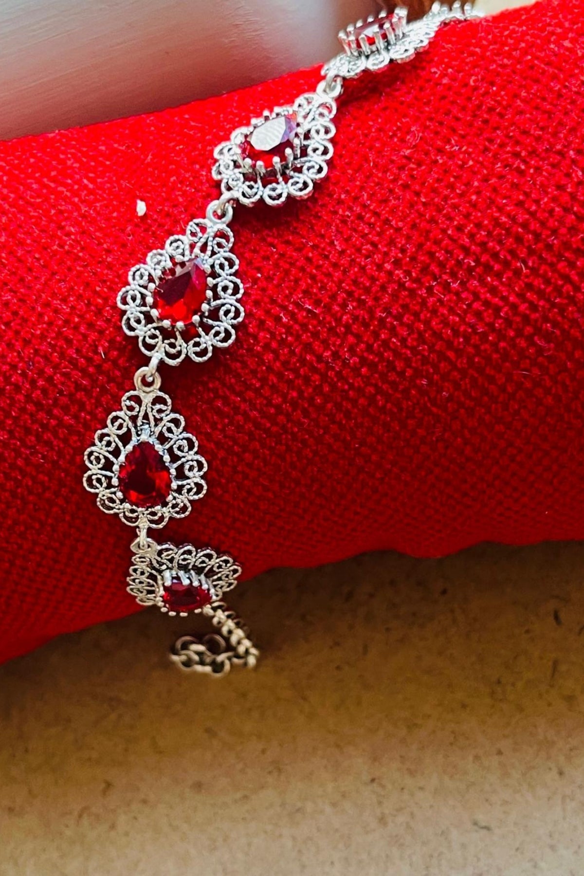 Sterling Silver Filigree Art Ruby Gemstone Link Bracelet