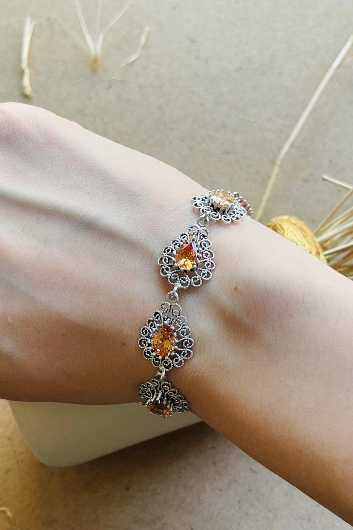 Sterling Silver Filigree Art Citrine Gemstone Link Bracelet