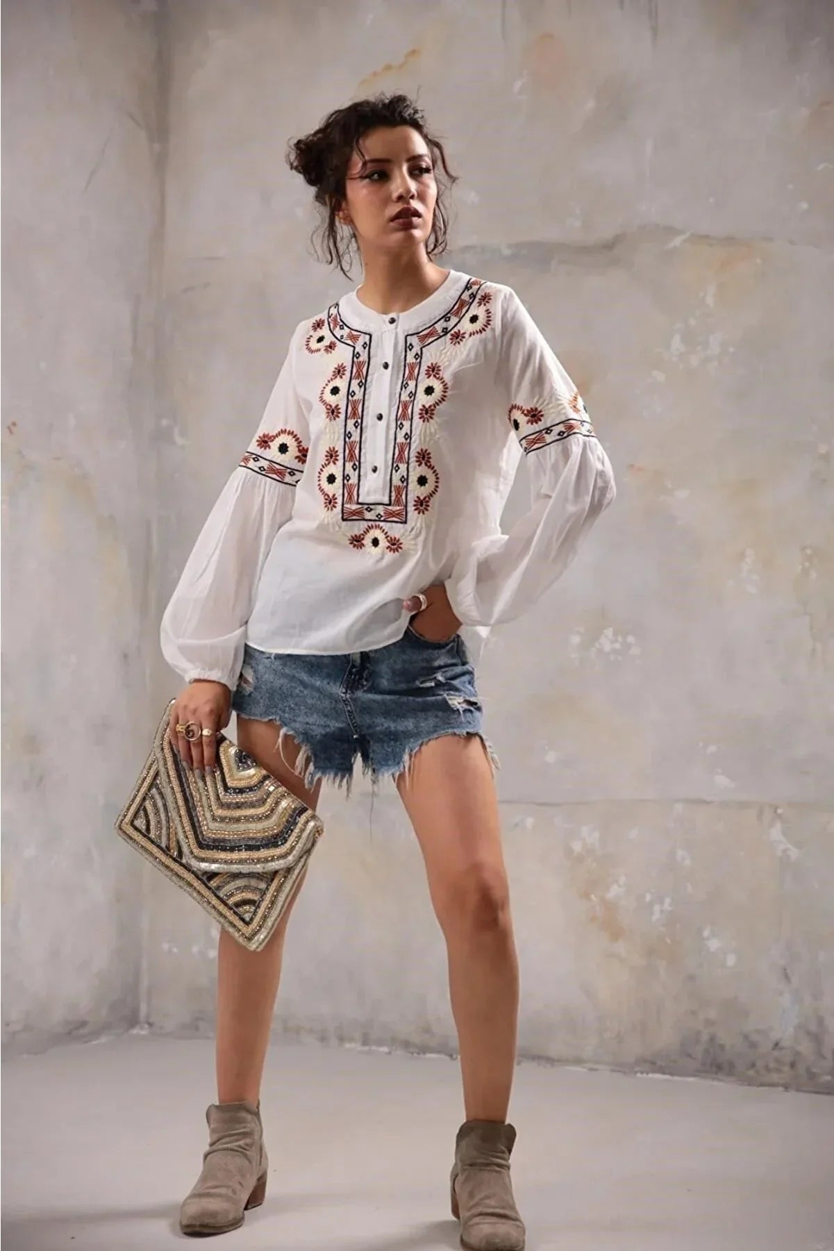 Ethnic Rustic Embroidered Cotton Blouse