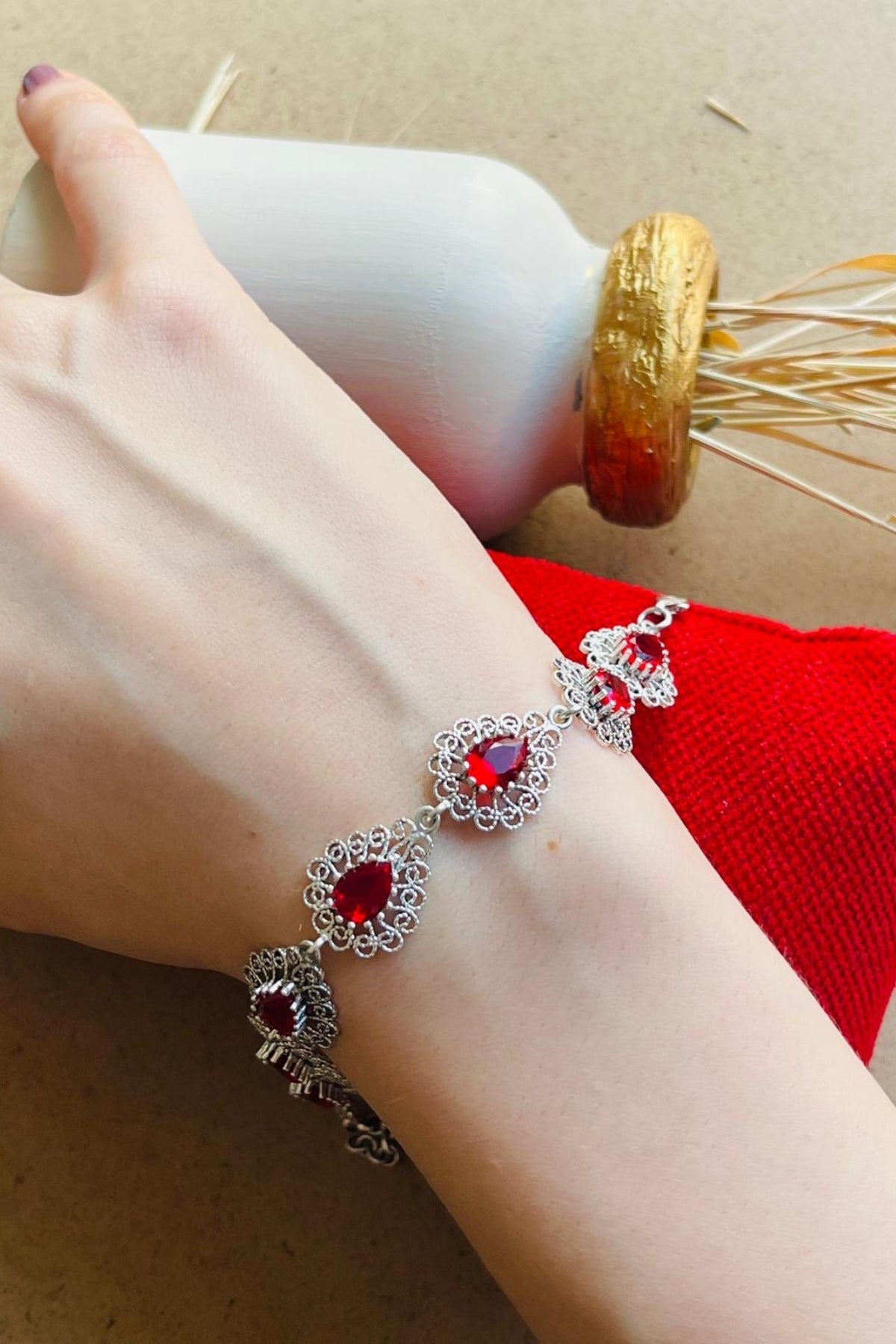 Sterling Silver Filigree Art Ruby Gemstone Link Bracelet