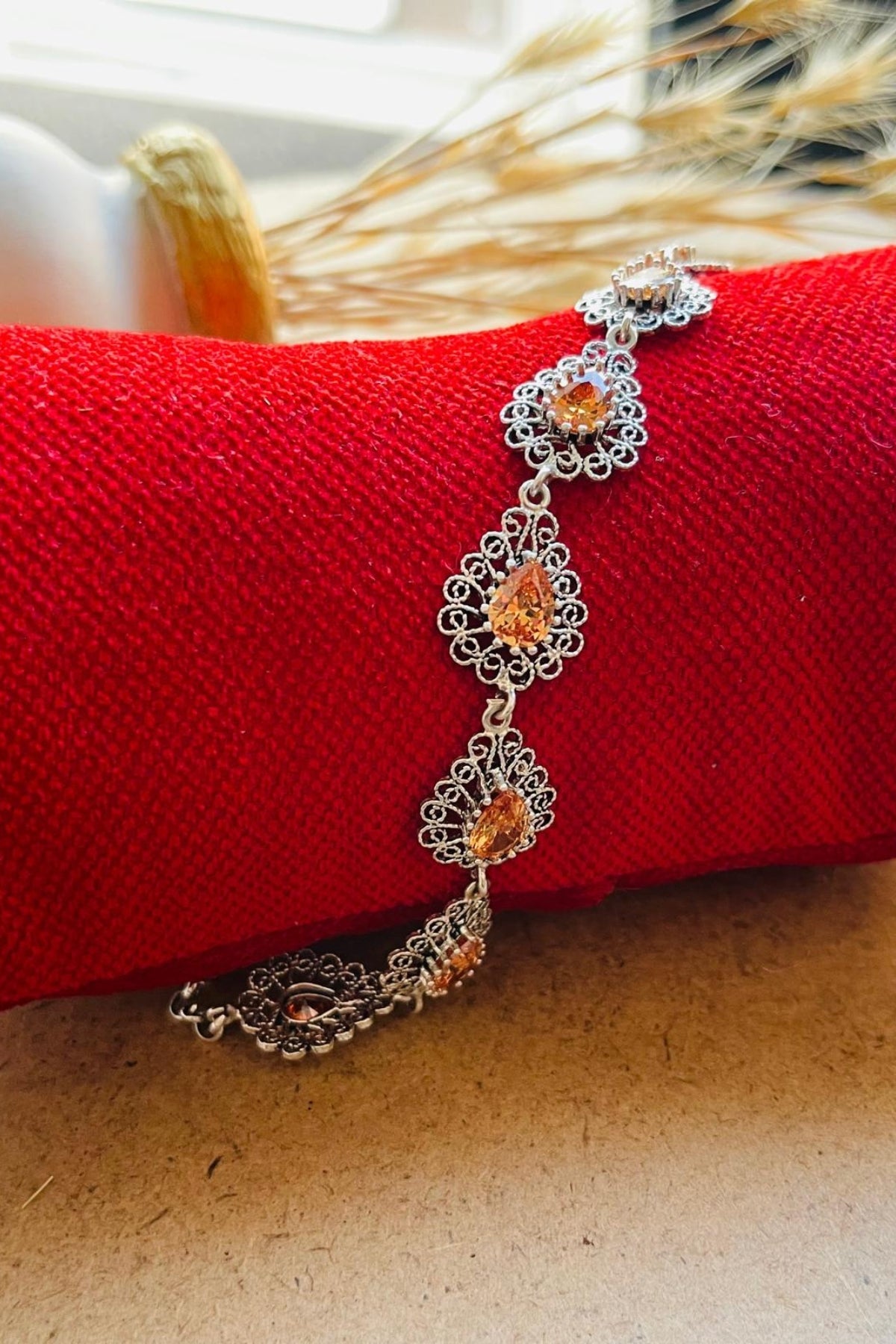 Sterling Silver Filigree Art Citrine Gemstone Link Bracelet