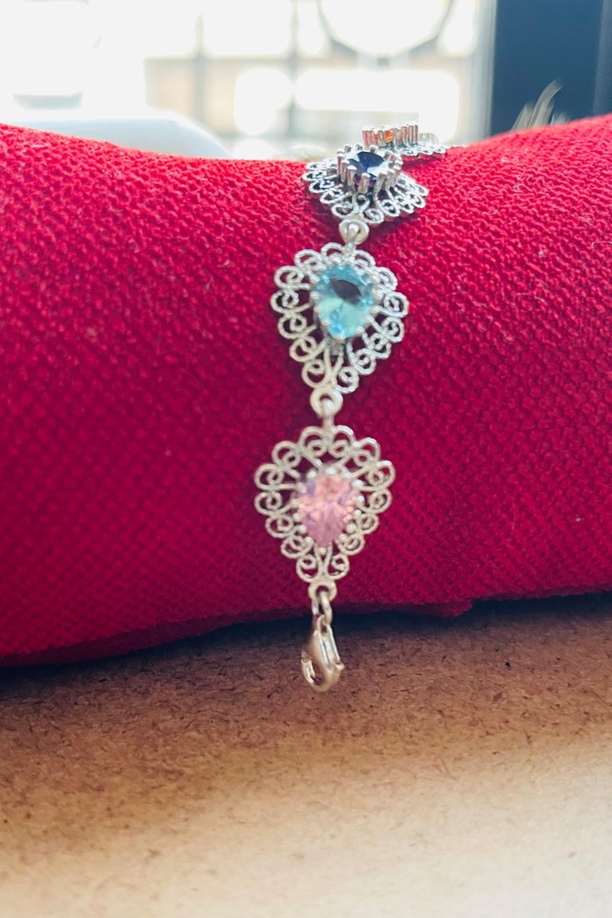 Sterling Silver Filigree Art Colorful Gemstone Link Bracelet