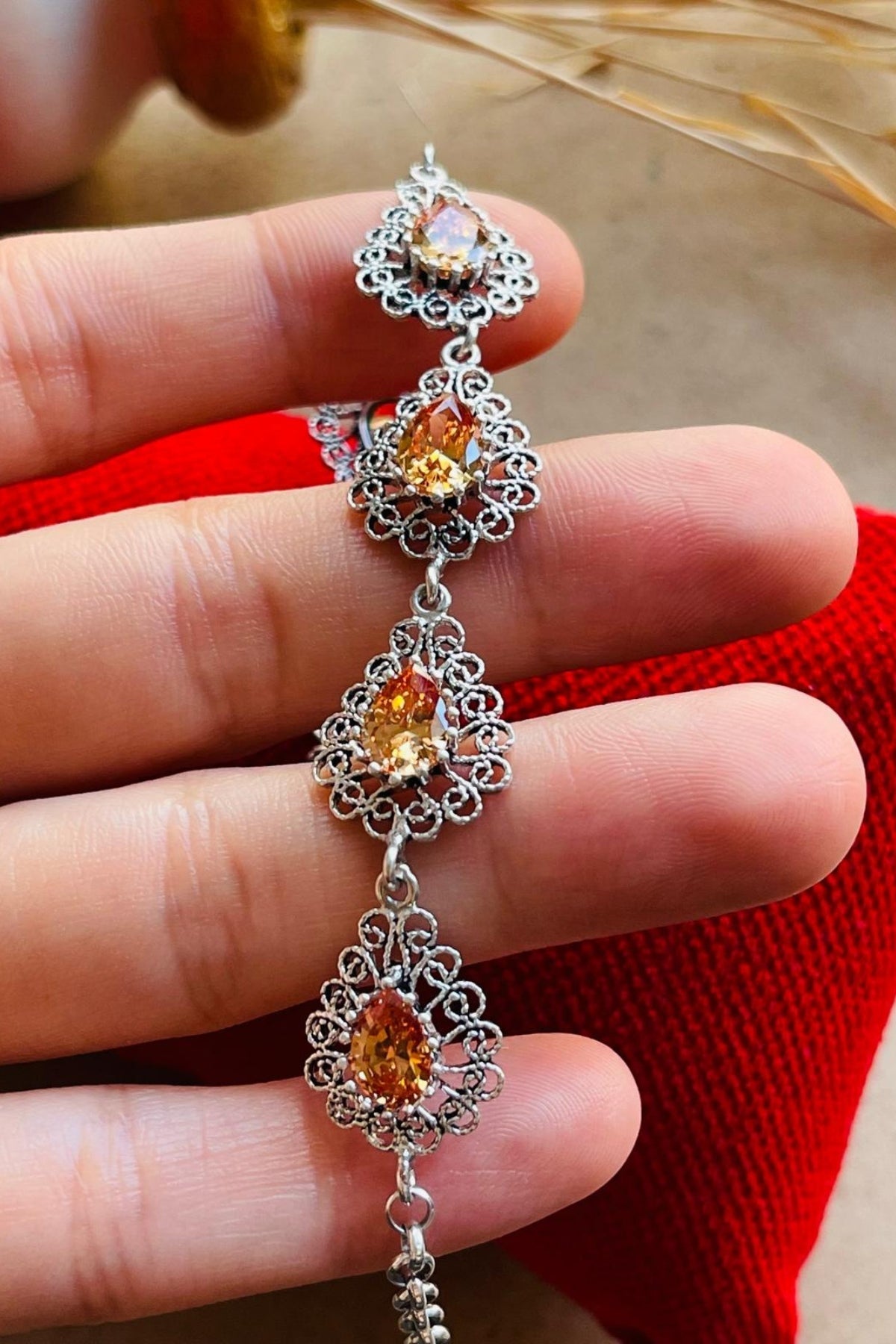 Sterling Silver Filigree Art Citrine Gemstone Link Bracelet