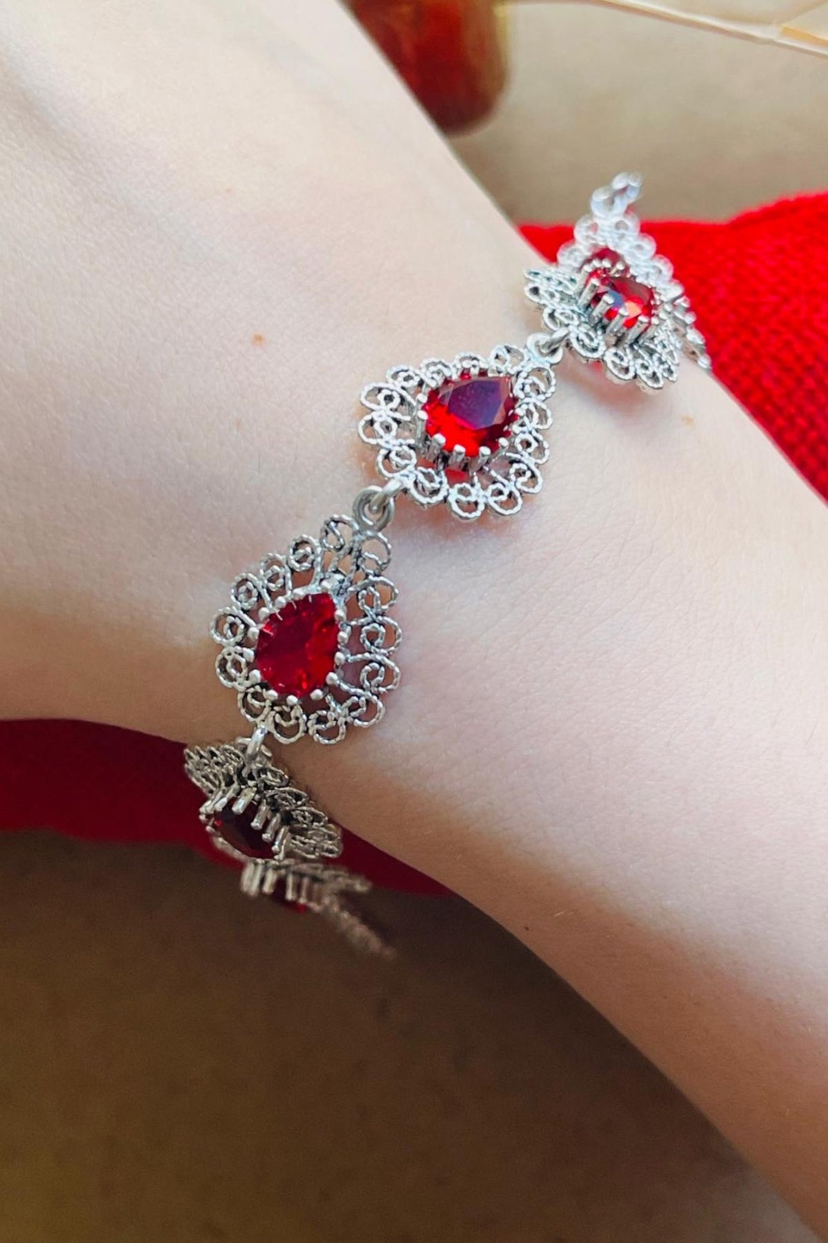 Sterling Silver Filigree Art Ruby Gemstone Link Bracelet