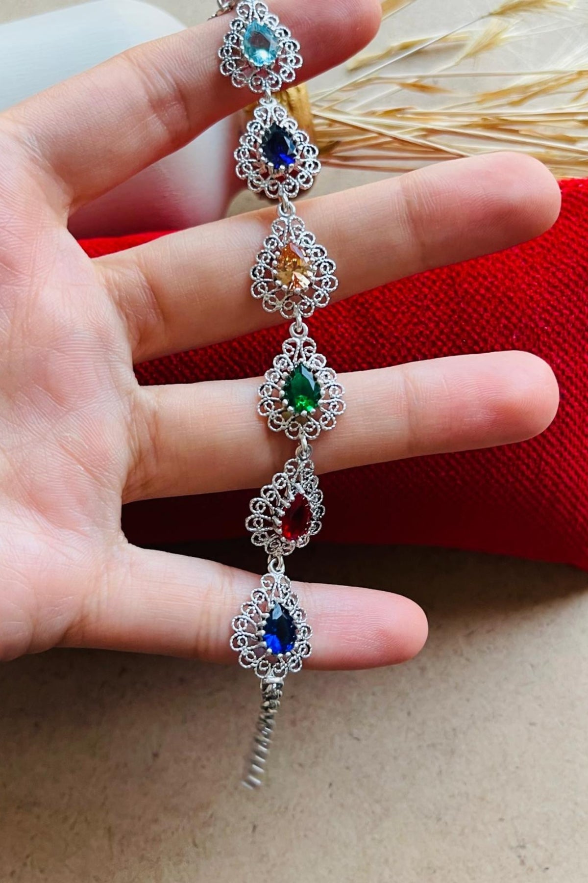 Sterling Silver Filigree Art Colorful Gemstone Link Bracelet