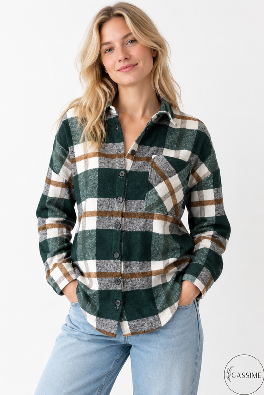 Chaqueta-camisa de cuadros de algodón azul suave crema Harper con capucha