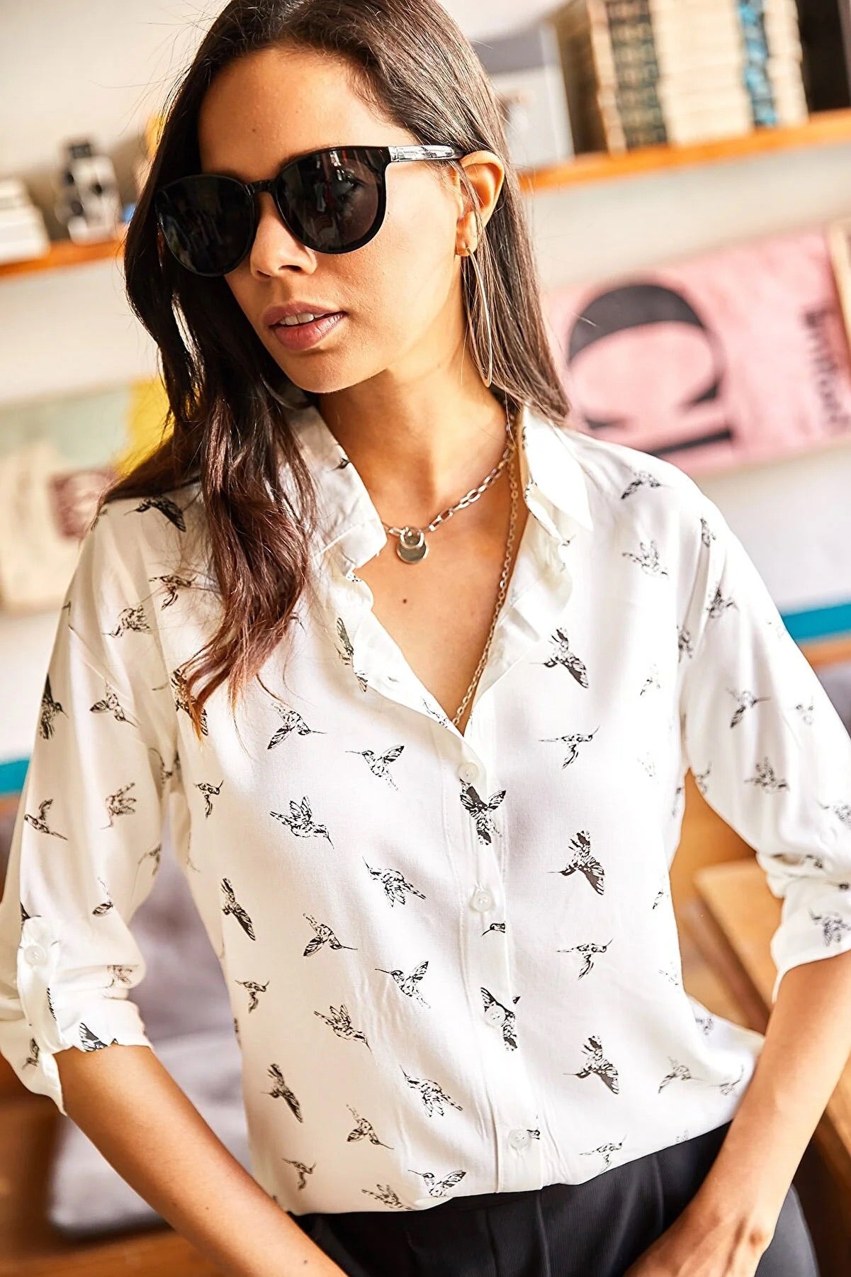 Sophia Bird Print White Button Down Shirt