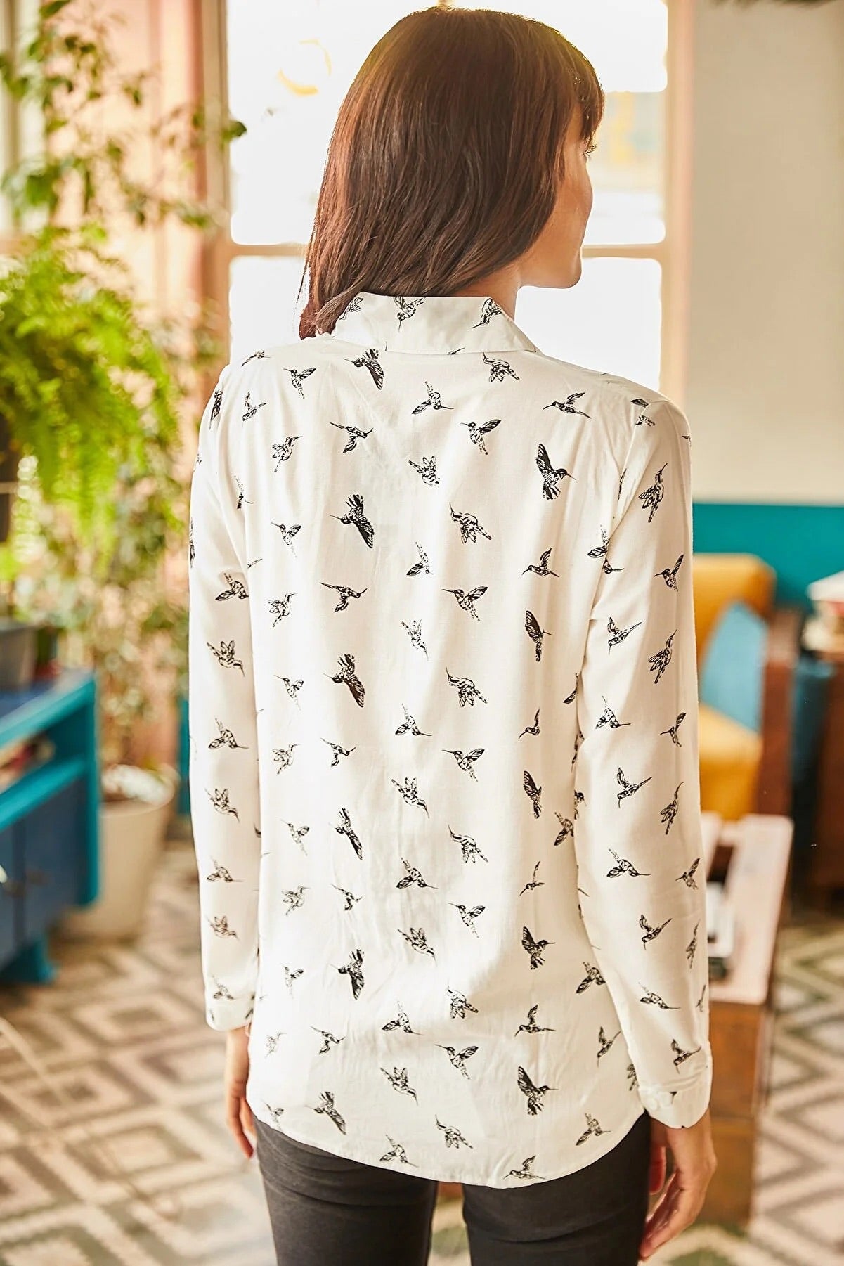 Sophia Bird Print White Button Down Shirt