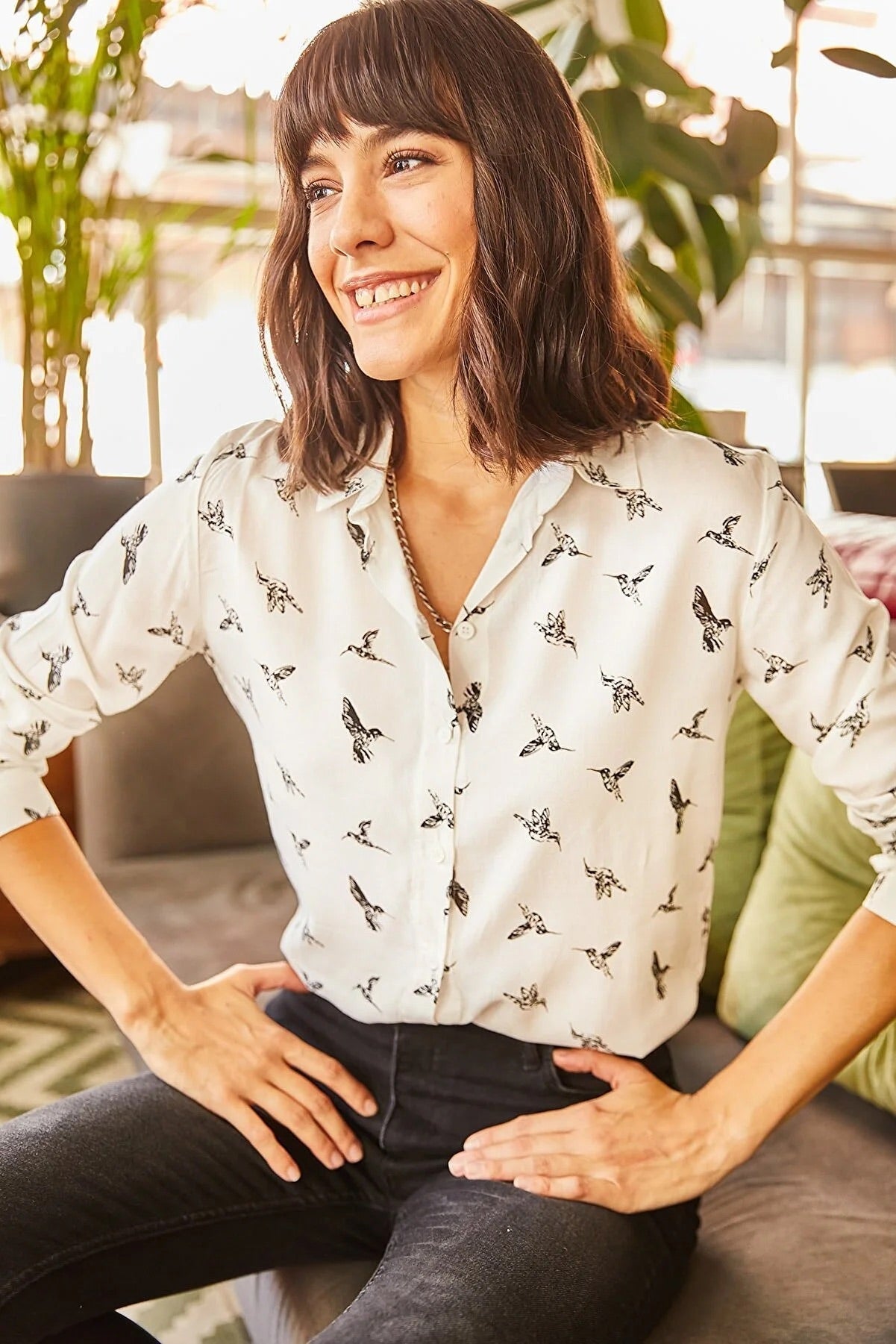 Sophia Bird Print White Button Down Shirt