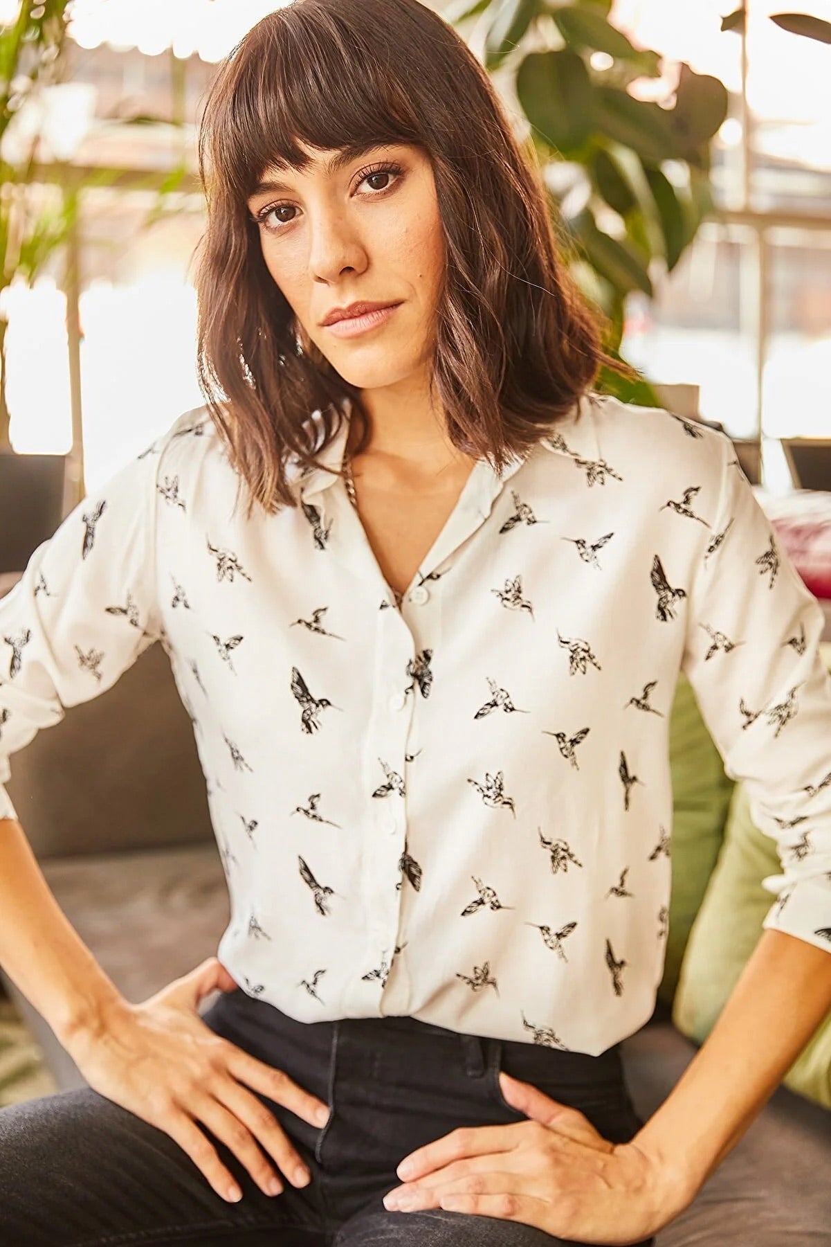 Sophia Bird Print White Button Down Shirt