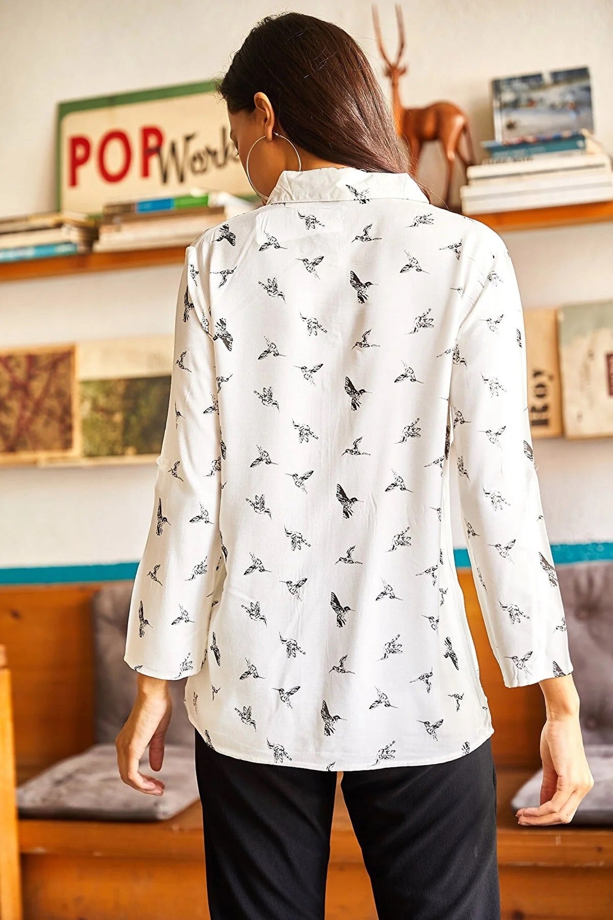 Sophia Bird Print White Button Down Shirt