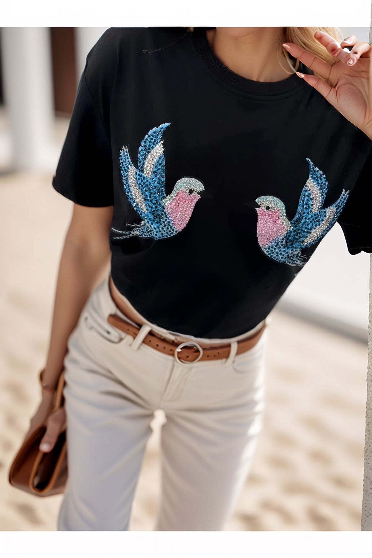Tilly Black Bird Design Sequin Cotton T-Shirt