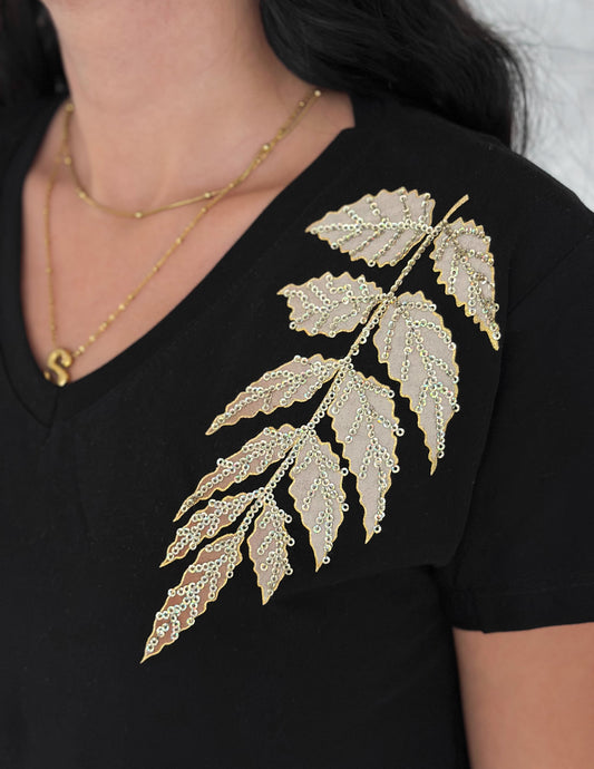 Tilda Black Gold Leaf Sequin Cotton Short Sleeve T-Shirt