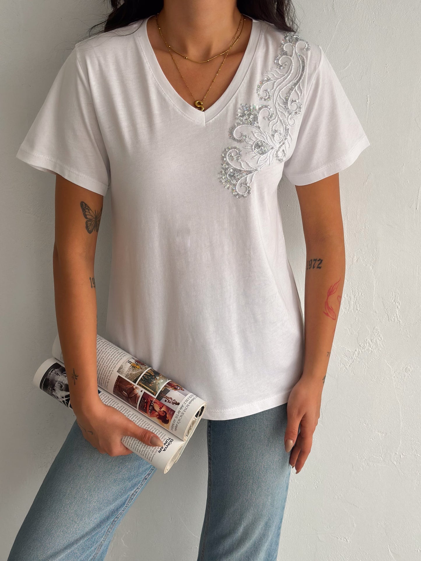 Tilda Shoulder Floral Embroidery Cotton Short Sleeve T-Shirt