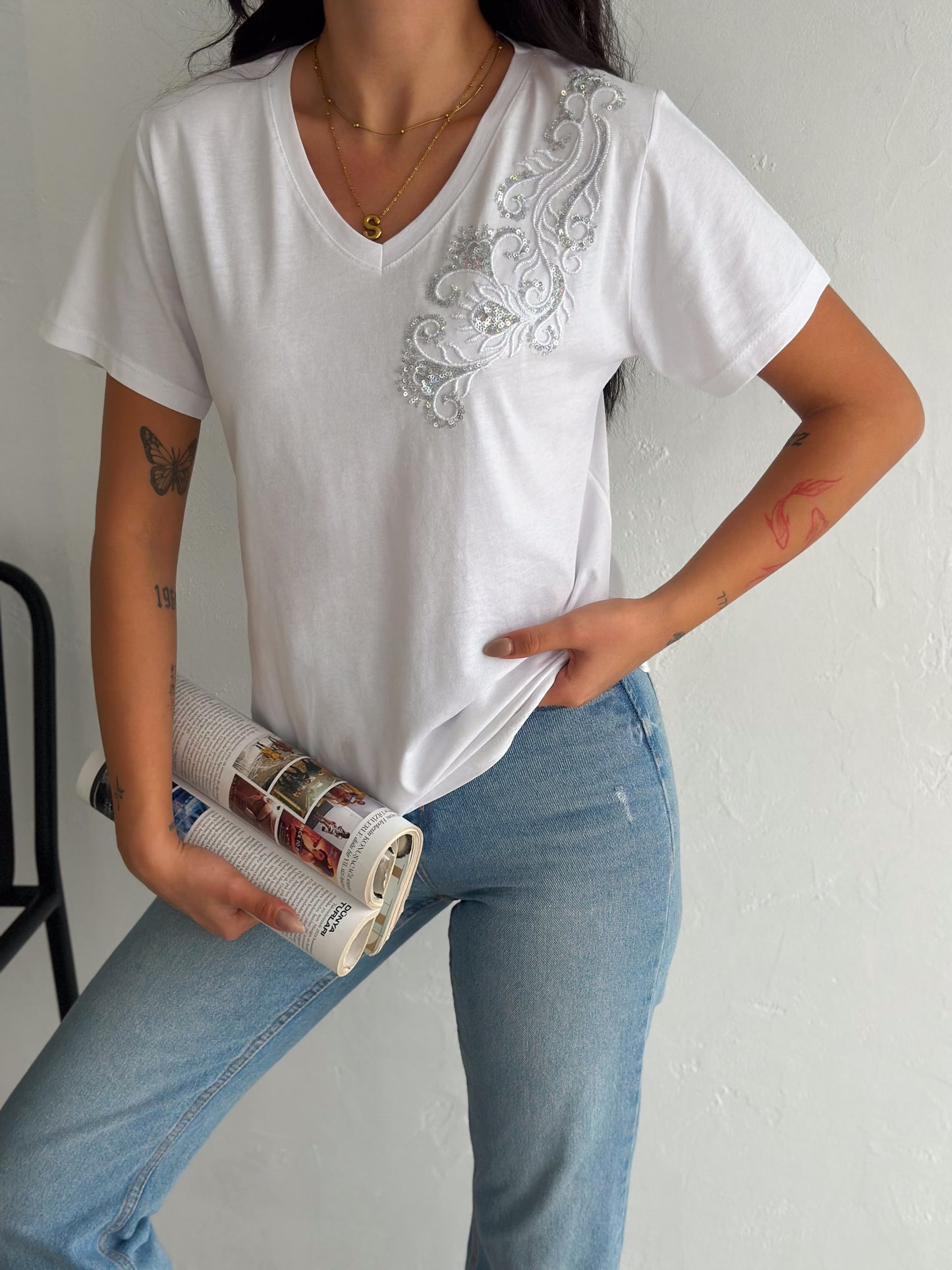 Tilda Shoulder Floral Embroidery Cotton Short Sleeve T-Shirt