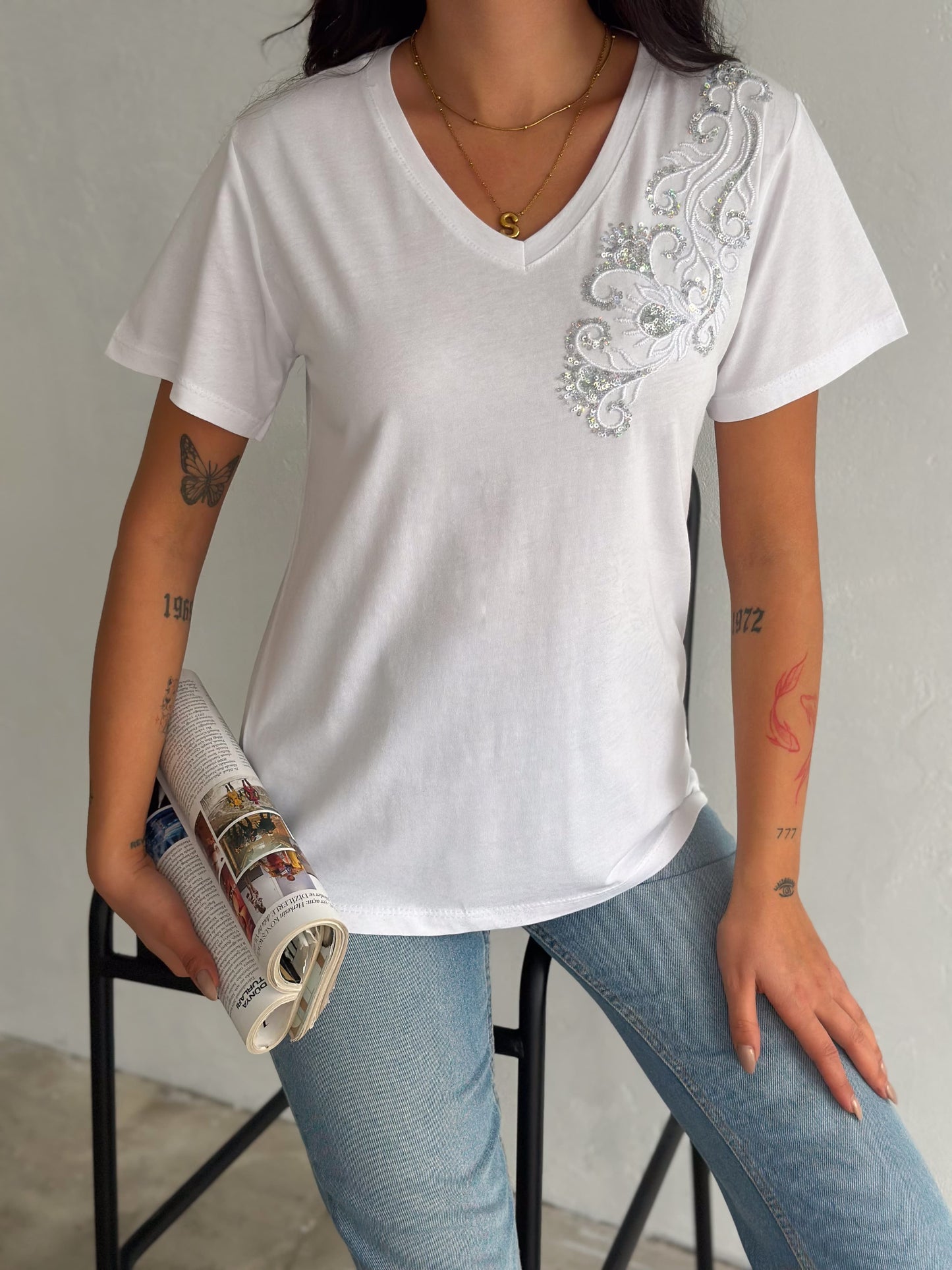 Tilda Shoulder Floral Embroidery Cotton Short Sleeve T-Shirt