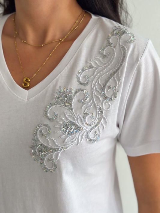 Tilda Shoulder Floral Embroidery Cotton Short Sleeve T-Shirt