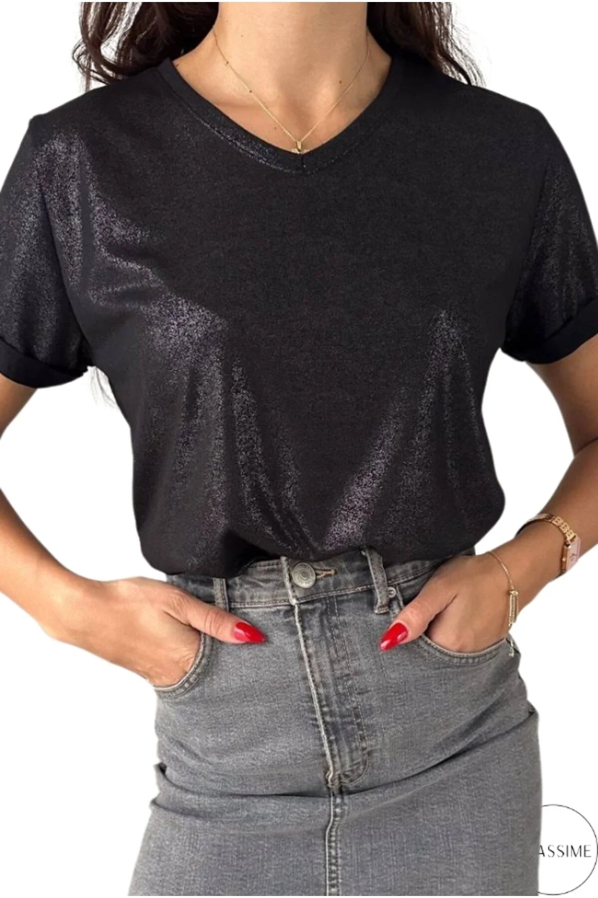 Janine Black Glitter V-Neck T-shirt