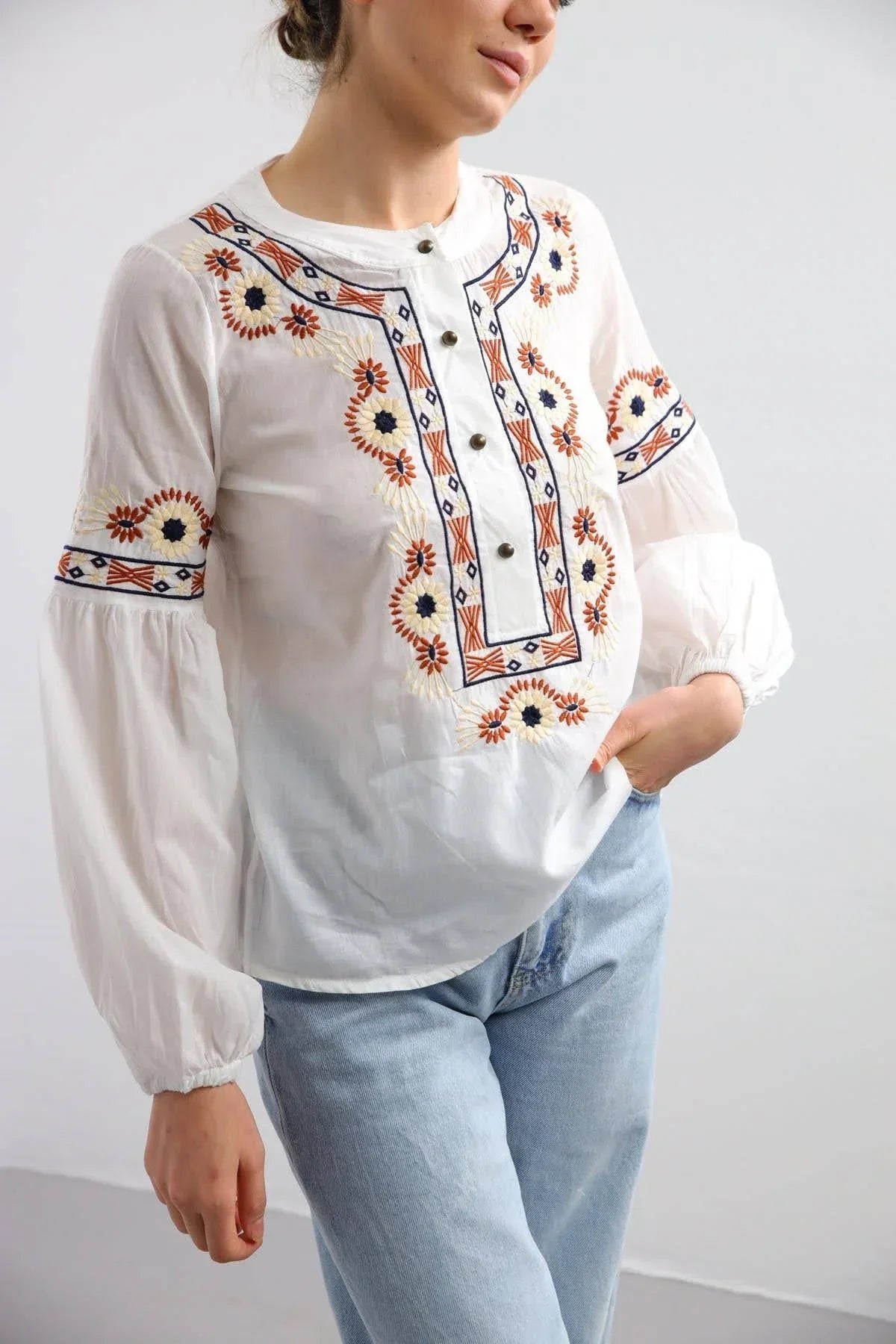 Ethnic Rustic Embroidered Cotton Blouse