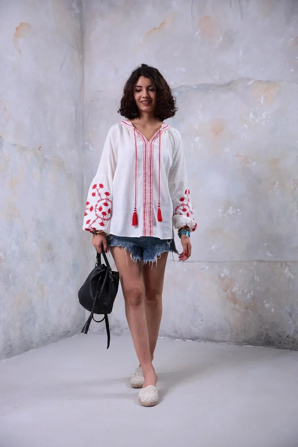 Red Tassel Trim Embroiered Cotton Ukrainian Blouse