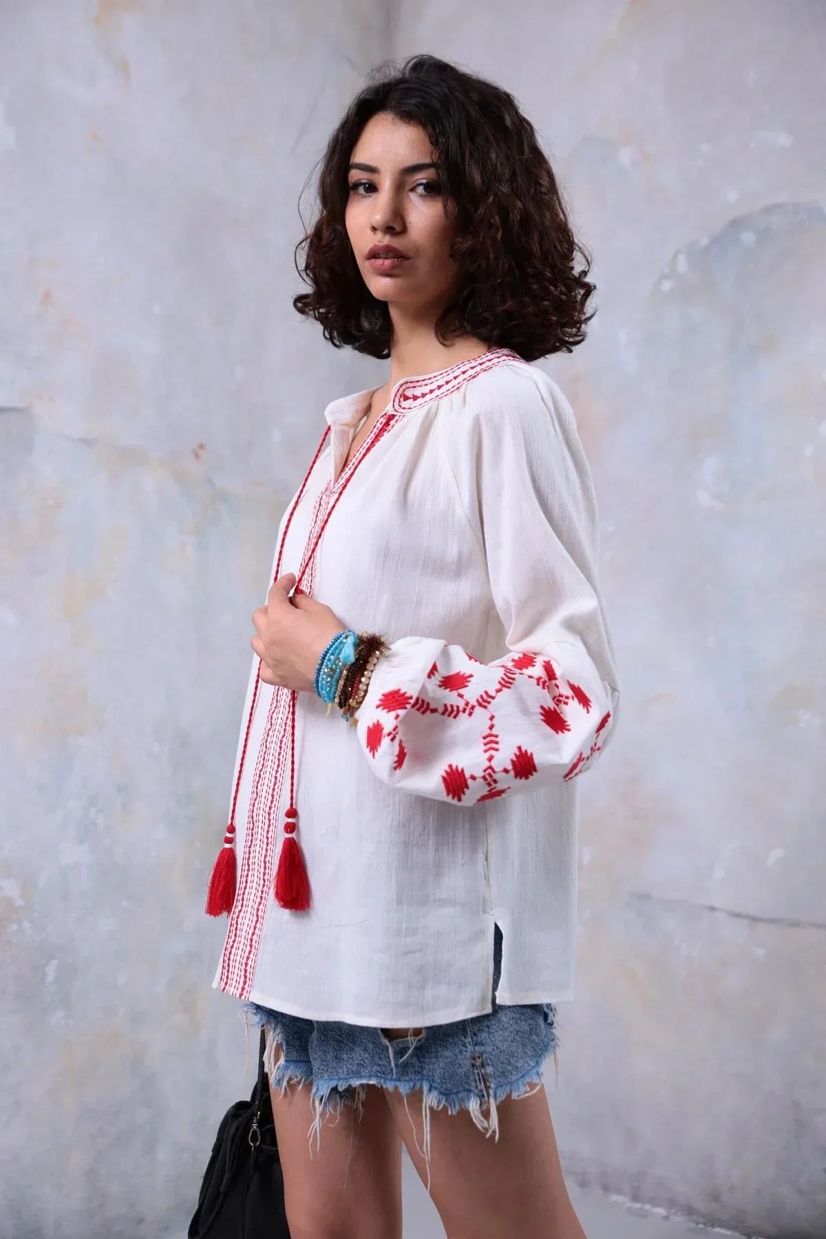 Red Tassel Trim Embroiered Cotton Ukrainian Blouse