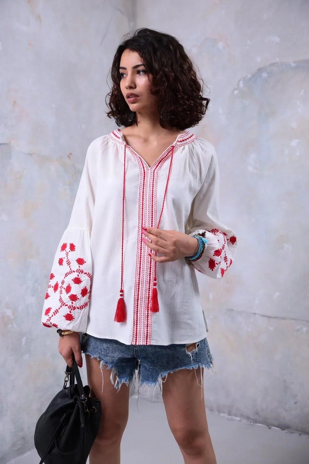 Red Tassel Trim Embroiered Cotton Ukrainian Blouse