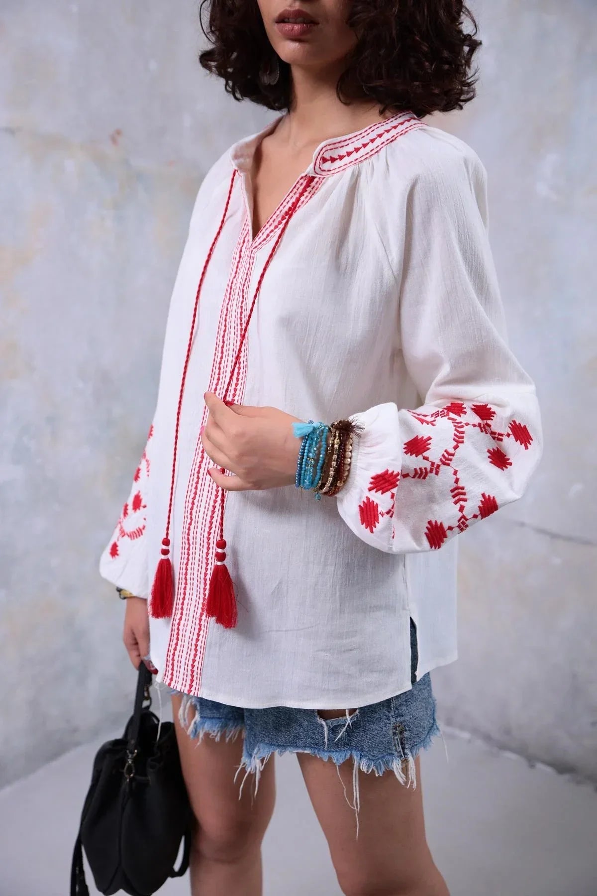 Red Tassel Trim Embroiered Cotton Ukrainian Blouse