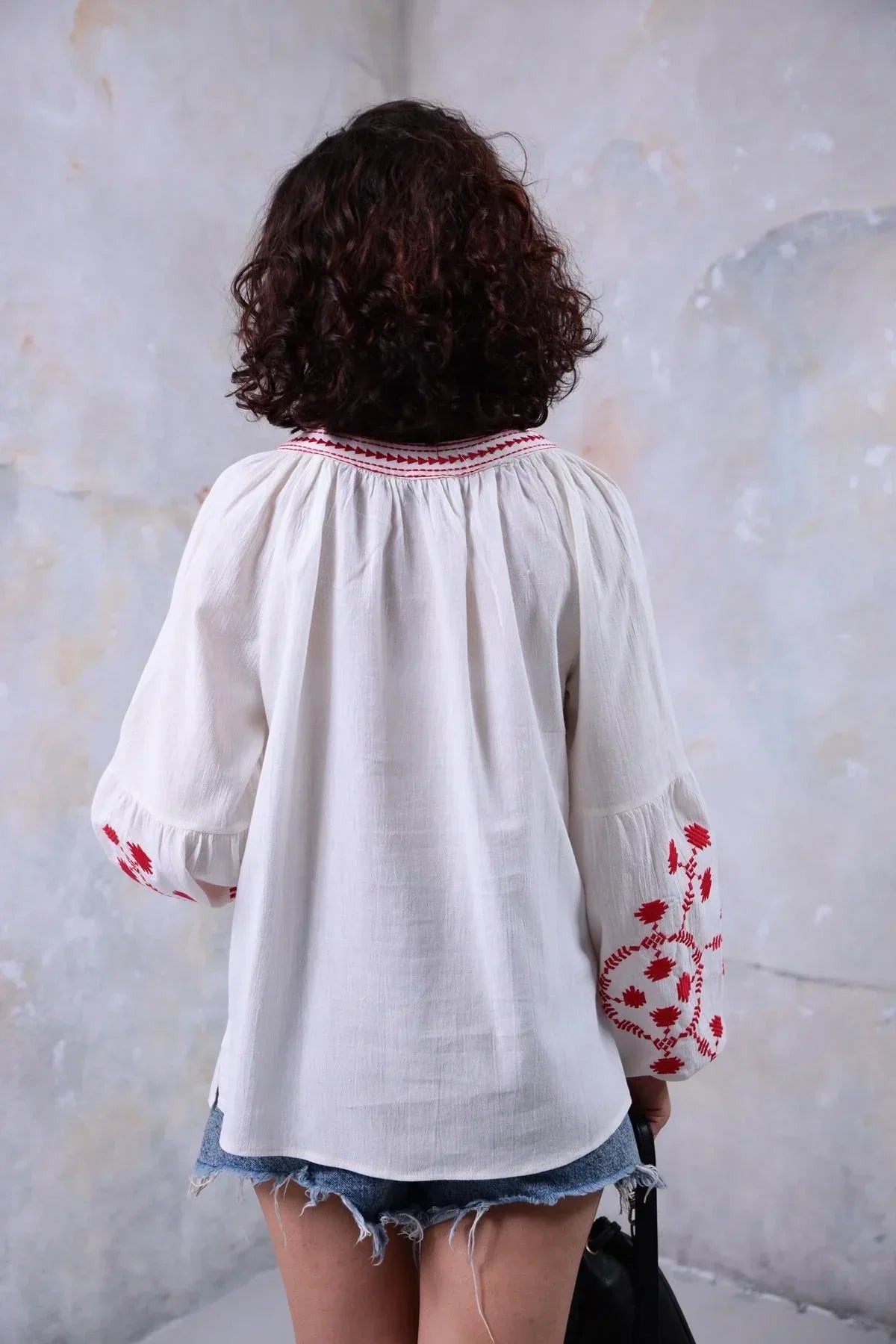 Red Tassel Trim Embroiered Cotton Ukrainian Blouse