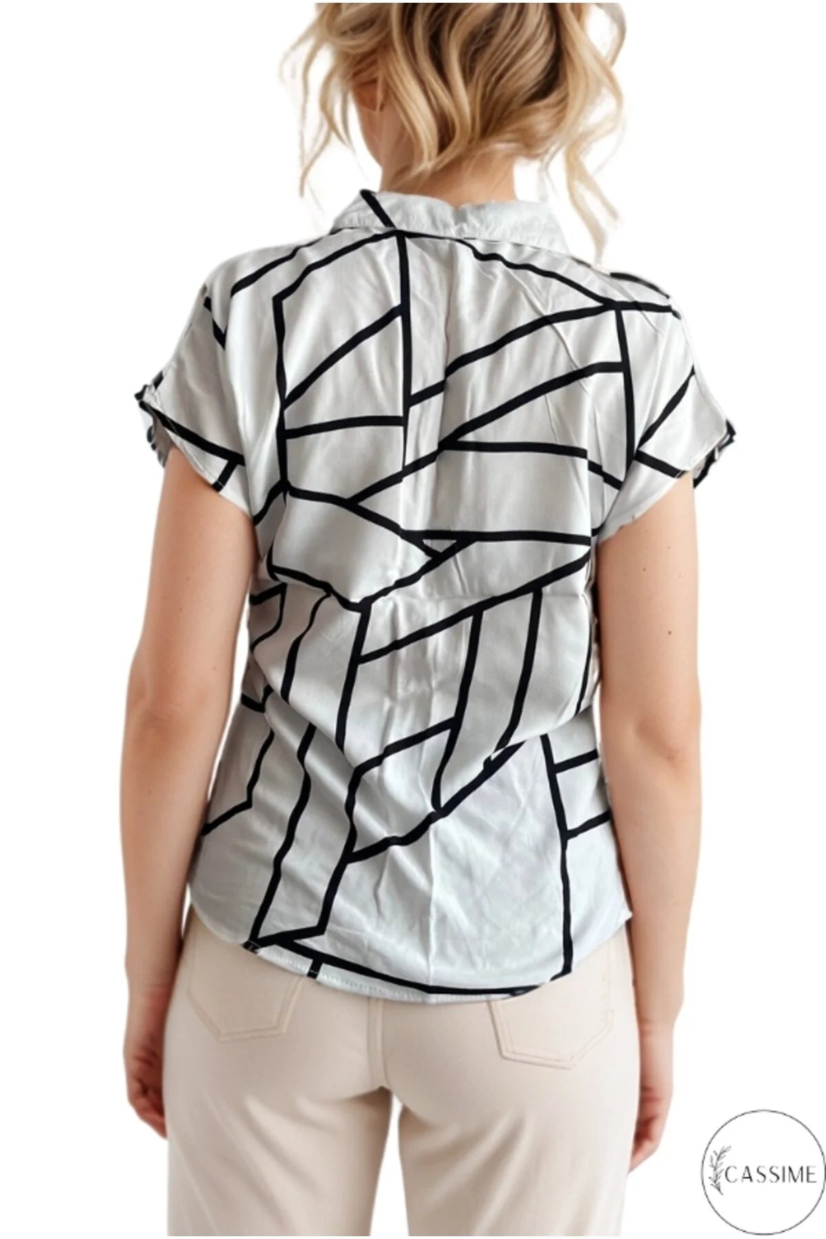 Beverly Striped White Black Print Short Sleeve Button-Down Shirt