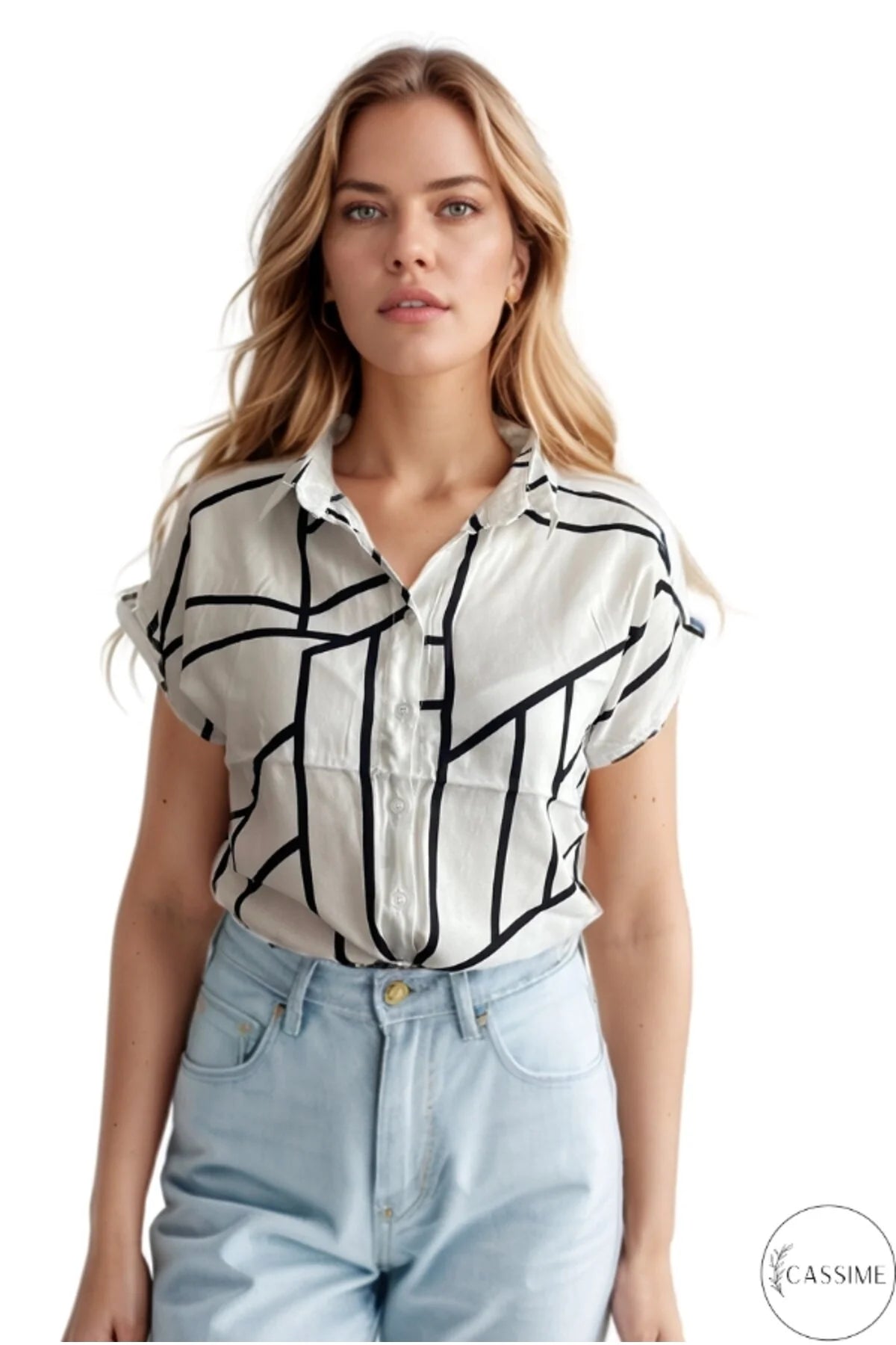 Beverly Striped White Black Print Short Sleeve Button-Down Shirt
