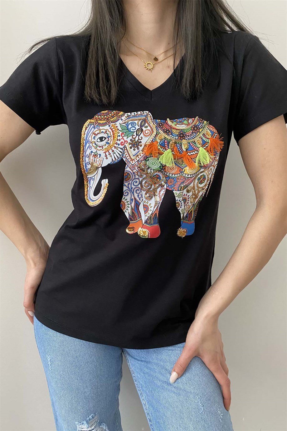 Tilda Black Elephant Sequin Cotton T-Shirt