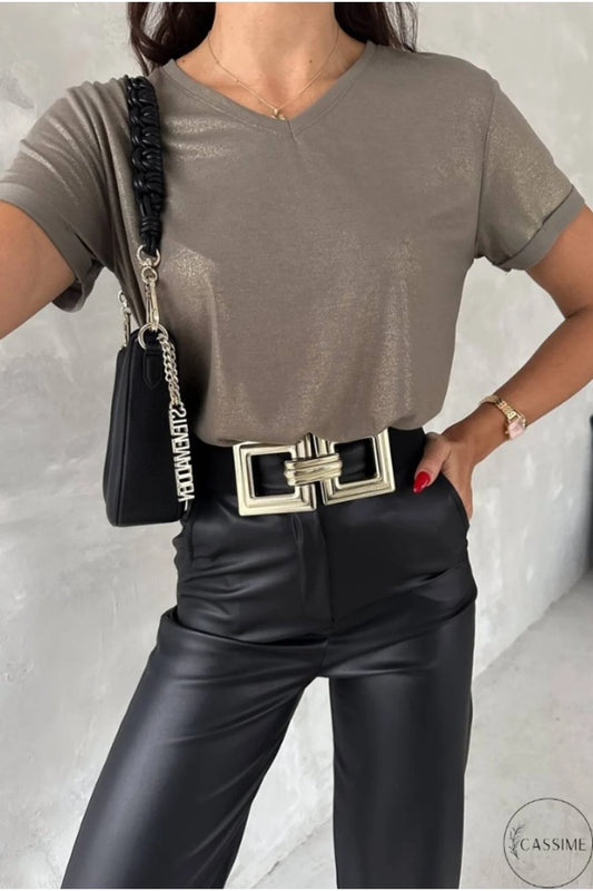 Janine Gold Glitter V-Neck T-shirt
