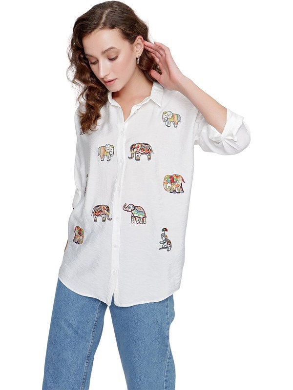 Cream Elephant Embroidered Linen Blouse